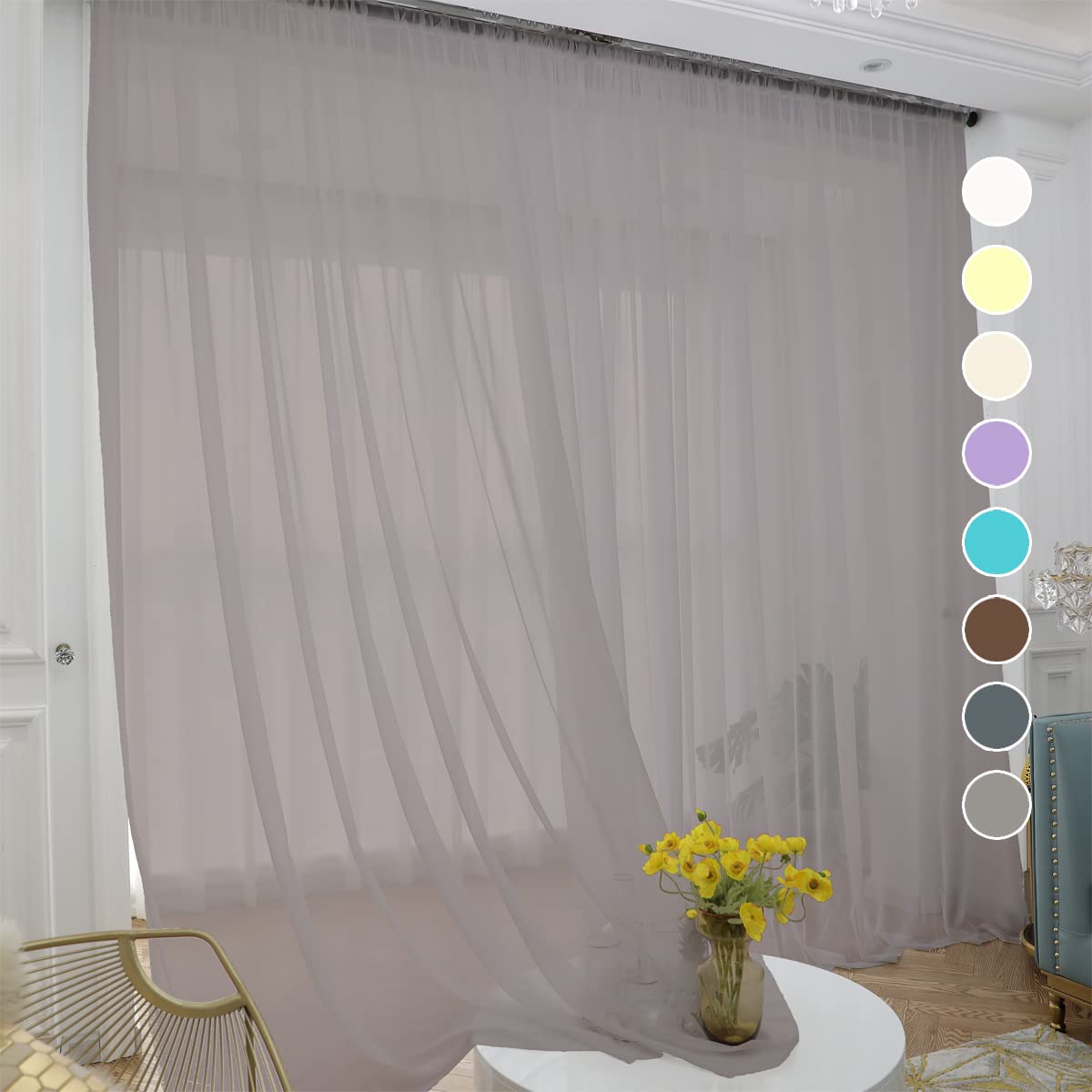 Light Gray Sheer Curtains 84 Inches Long - 2 Panels Rod Pocket Voile Semi-Sheer Window Drapes for Kitchen, Bedroom & Living Room - Lightweight & Airy (52