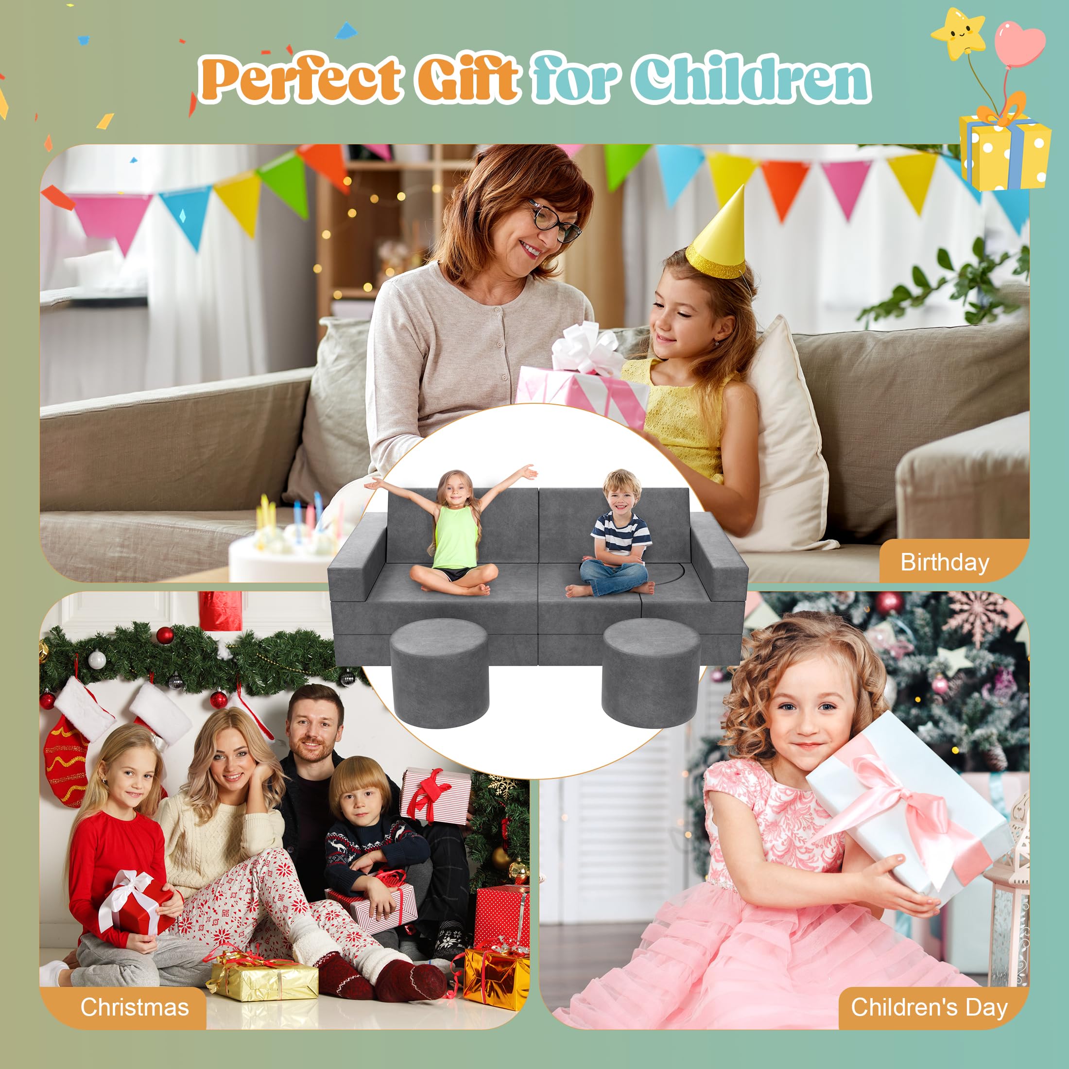13-Piece Modular Kids Play Couch Set - Large Convertible Foam Sofa for Boys & Girls | DIY Building Fort, Sectional Floor Cushion for Creative Play | Perfect for Playrooms, Bedrooms & Indoor Adventures (Grey)