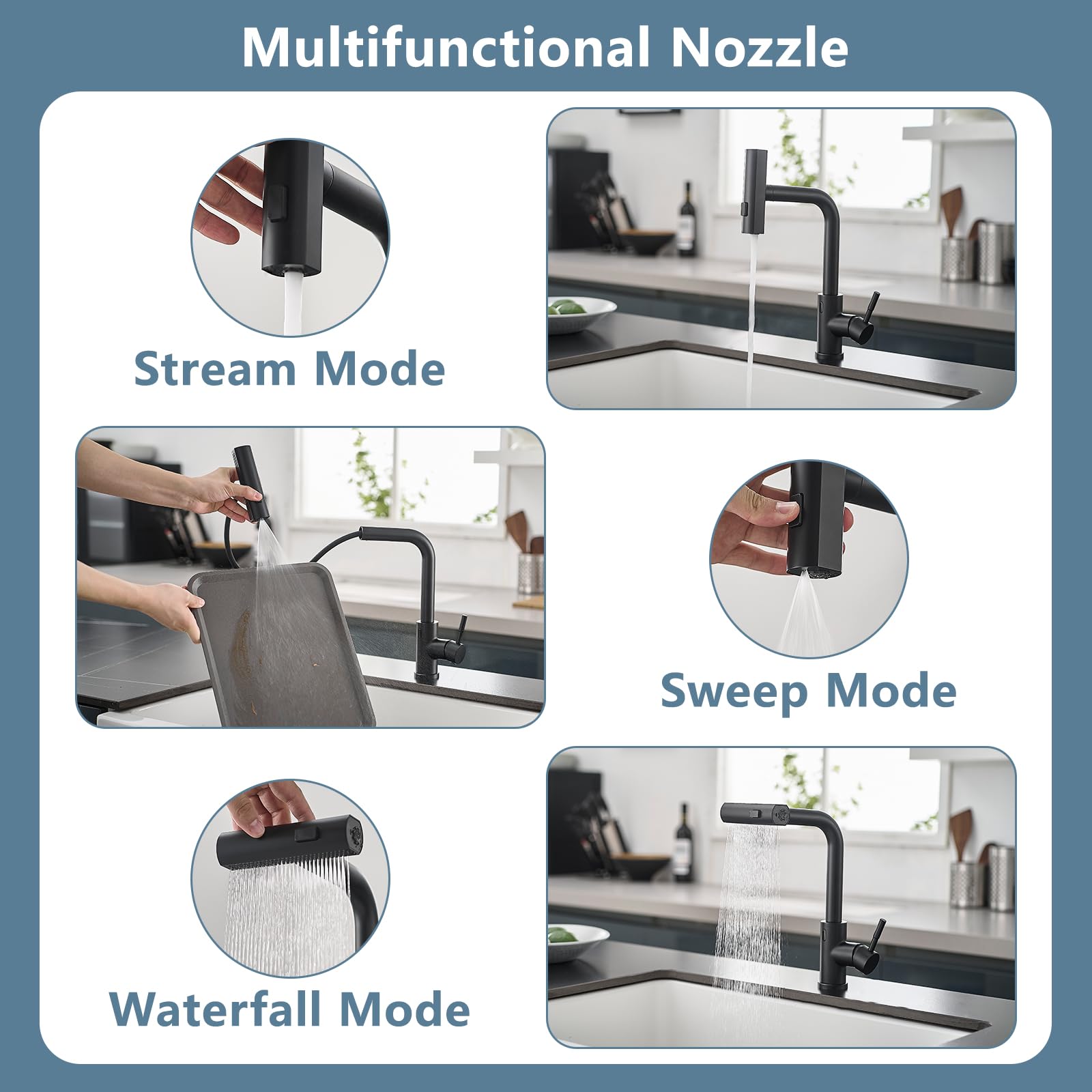 GIMILI Black Touchless Kitchen Faucet with Pull Down Sprayer - Single Hole Modern Waterfall Commercial Sink Faucet - Perfect for Restaurants, Hotels & Luxury Home Kitchens
