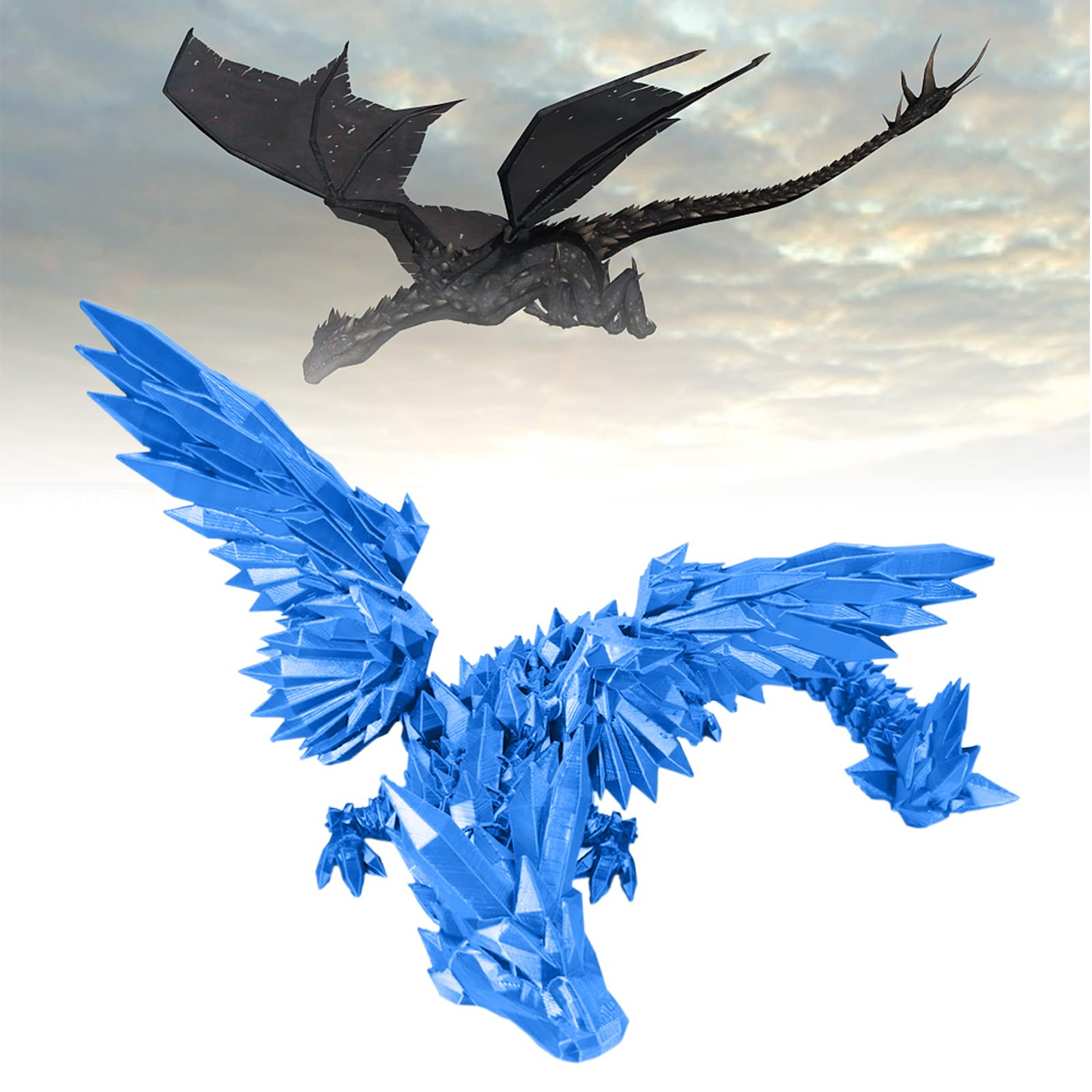 3D Printed Flying Diamond Dragon Action Figure with Movable Joints & Wings - Anti-Stress Relief Collectible Monster Toy for Adults & Collectors (Silk Blue, 9.8 Inch) - Perfect for Home Decor, Office Display, and Fantasy Collectibles