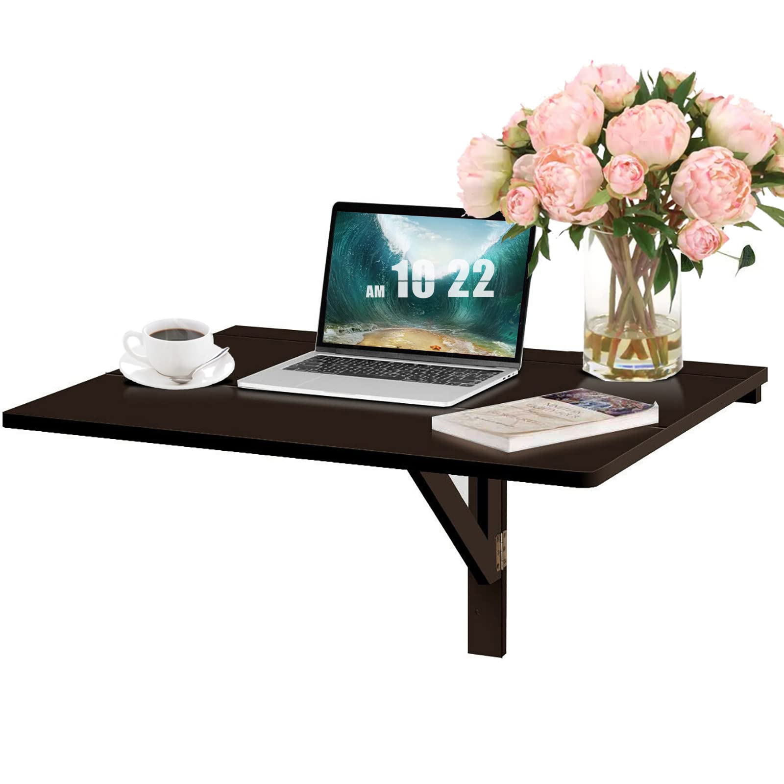POWERSTONE Folding Wall Mounted Drop Leaf Table - Space Saving Collapsible Floating Desk for Small Spaces, Home Office, Garage, Bar, Study or Kitchen - Portable Workbench in Brown - Perfect for Apartments, Dorms & Tiny Homes