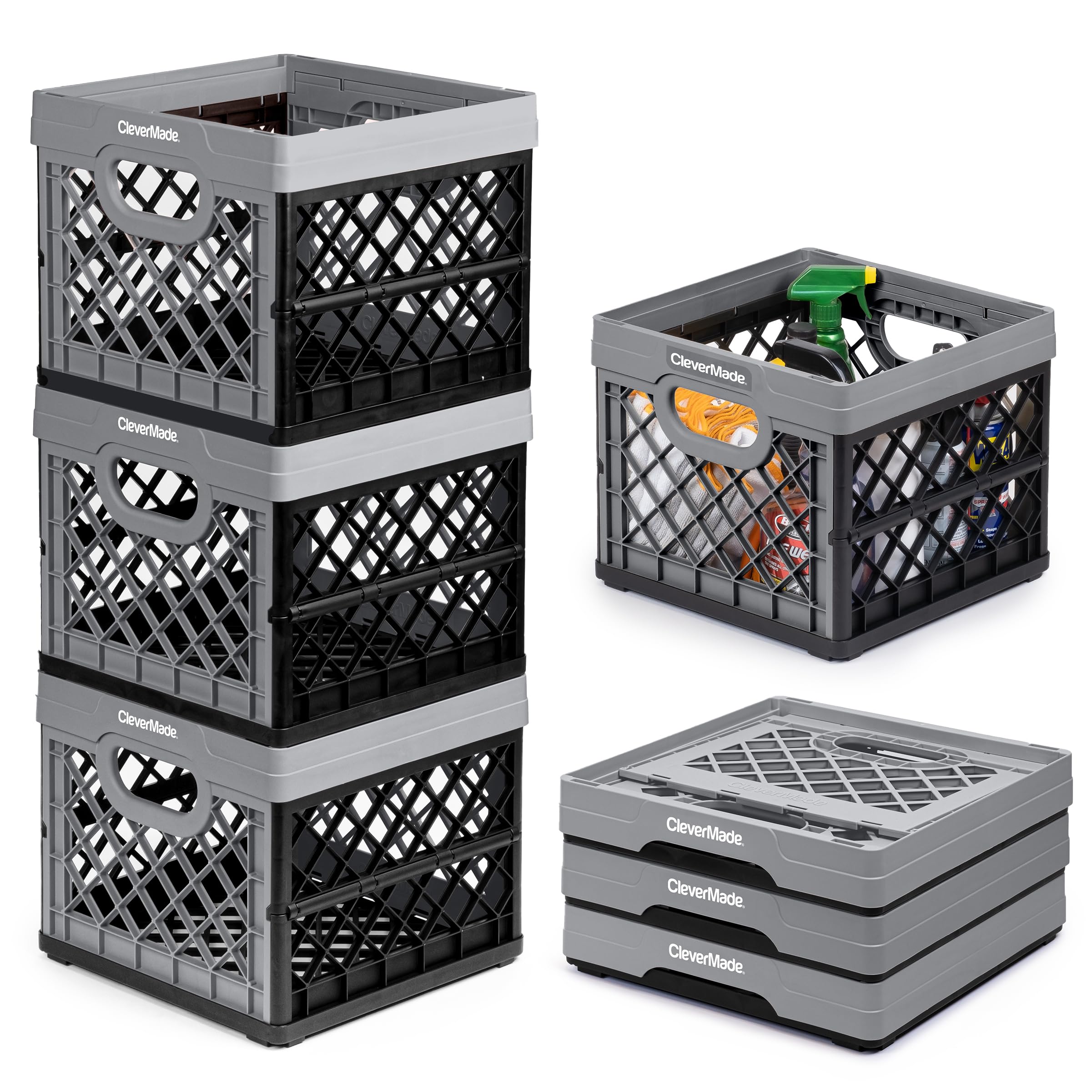 CleverMade Collapsible Milk Crate - Heavy Duty 25L (6 Gal) Stackable Storage Bins, 3-Pack in Stone Color - Holds 50lbs Each, Multi-Purpose Plastic Crates for Home, Garage, Office & Outdoor Organization