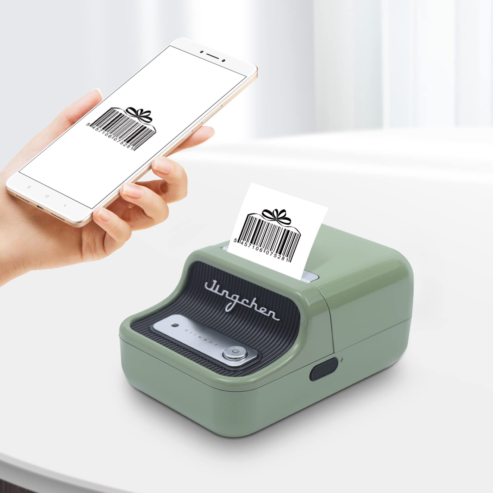 Mini Bluetooth Thermal Label Printer - Portable Label Maker Machine with 1 Roll 50x30mm Labels for Business, Clothing, Home, Barcode & QR Code Stickers (Green) | Perfect for Organizing Jars, Pantry Items & Small Business Inventory