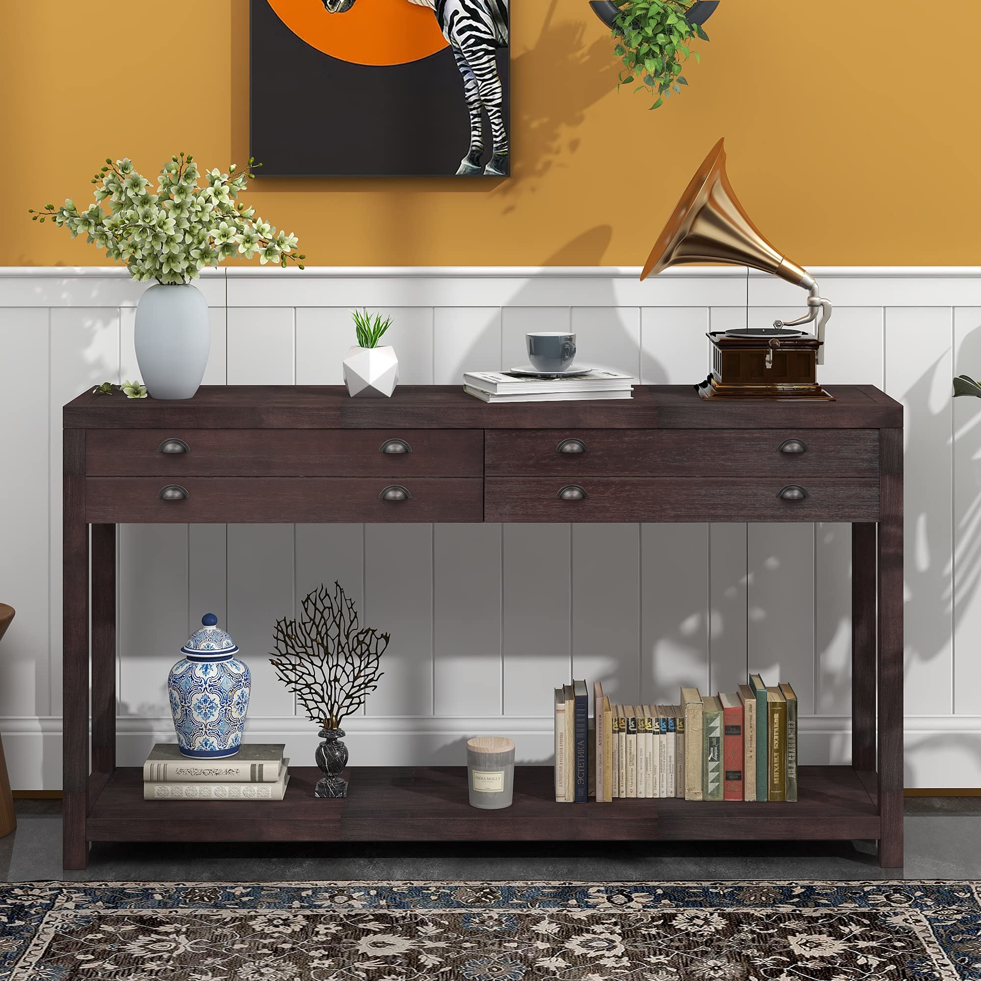Solid Wood Console Table with 2 Large Storage Drawers, Rustic Entryway Sofa Table with Open Shelf - Modern TV Stand for Living Room, Bedroom, Hallway (Espresso, Large Size) | Perfect for Small Space Organization & Home Decor