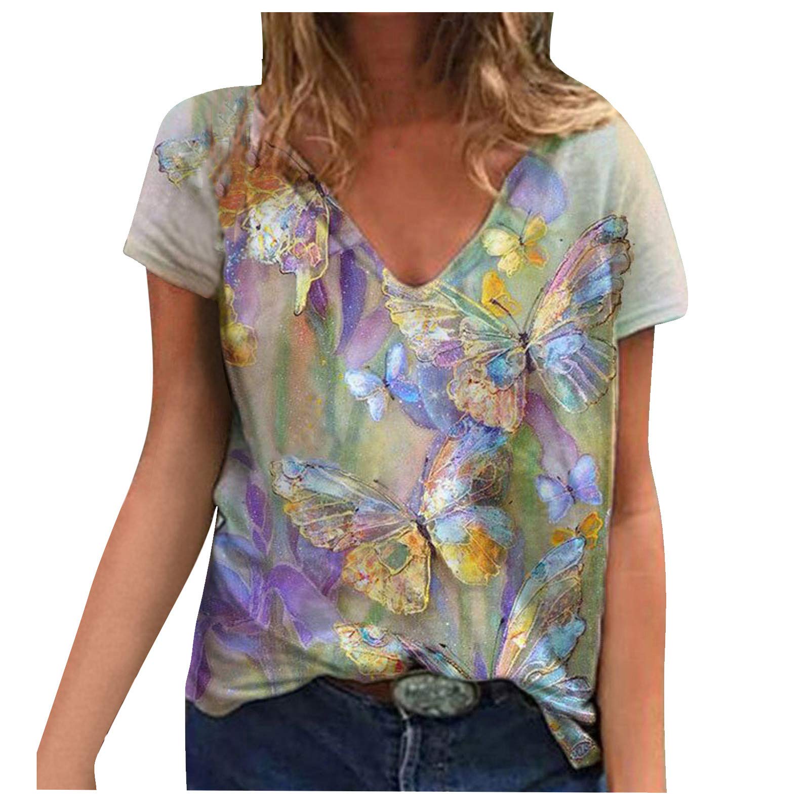 Butterfly Print V-Neck T-Shirt for Women - Plus Size Summer Tops, Cute Casual Blouse for Everyday Wear, Work, and Outdoor Activities