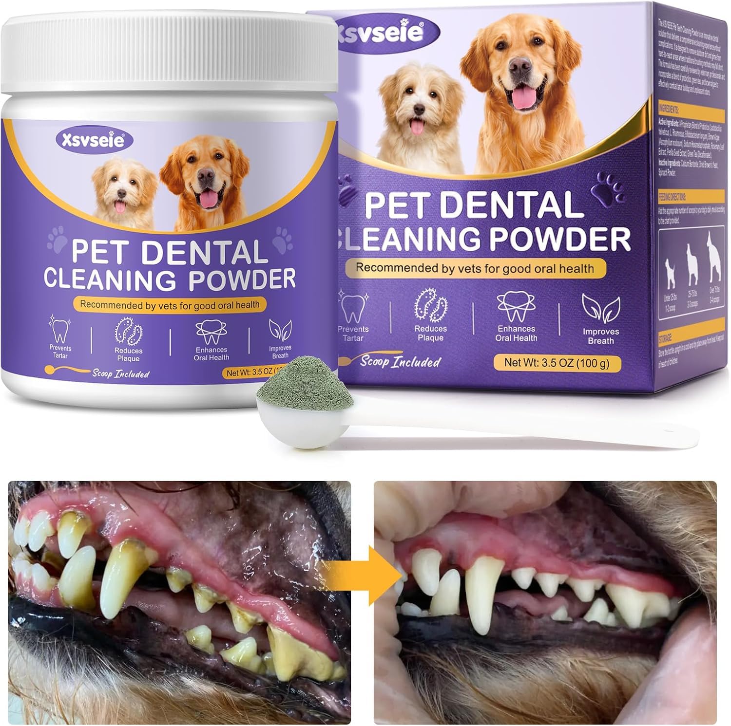 Natural Dog Teeth Cleaning Powder for Bad Breath Treatment - Dental Care Powder with Probiotics to Remove Plaque & Tartar - Freshen Dog Breath for All Breeds & Sizes - Perfect for Daily Oral Hygiene & Vet Visits