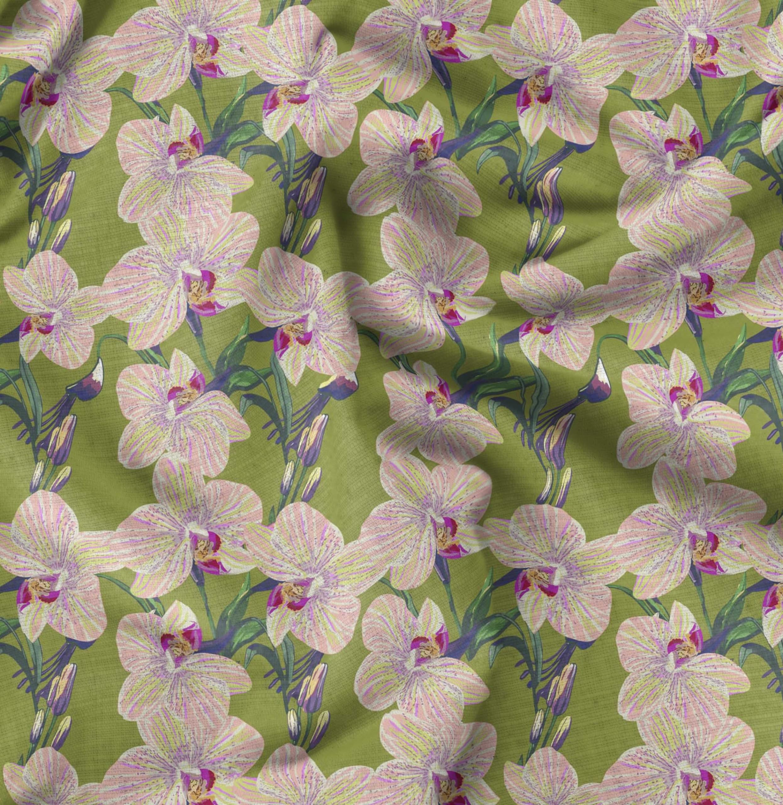 Soimoi Moss Georgette Brown Fabric by The Yard - 42 Inch Wide Tropical Floral Printed Fabric with Leaves & Orchids Design - Perfect for Dresses, Curtains, DIY Crafts and Home Decor Projects