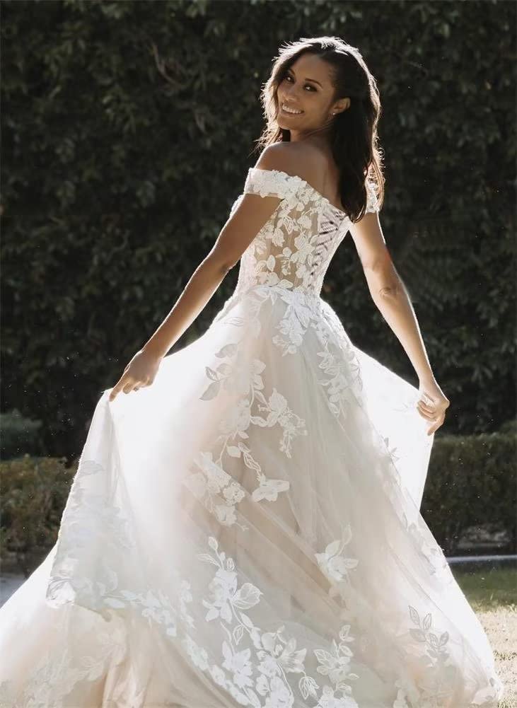 TRHTX Women's Off Shoulder Lace Wedding Dress A-Line Bridal Gown with Train - Elegant Bride Gown for Church, Beach & Outdoor Weddings