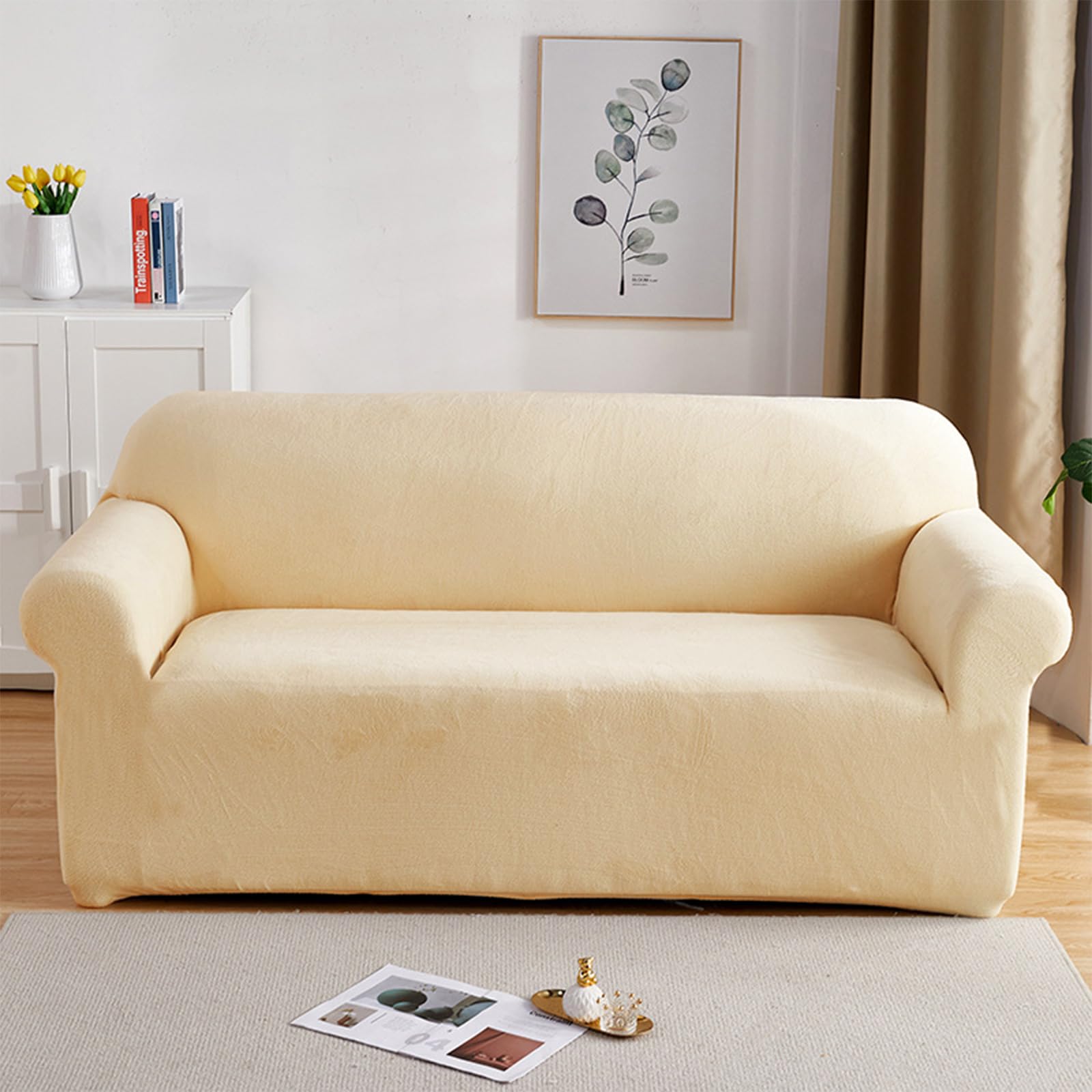 Elastic Sofa Covers for 3 Seater Couches - Velvet Stretchable Slipcovers in Cream | Thick Protective Sofa Cover for Living Room, Family Room & Home Decor