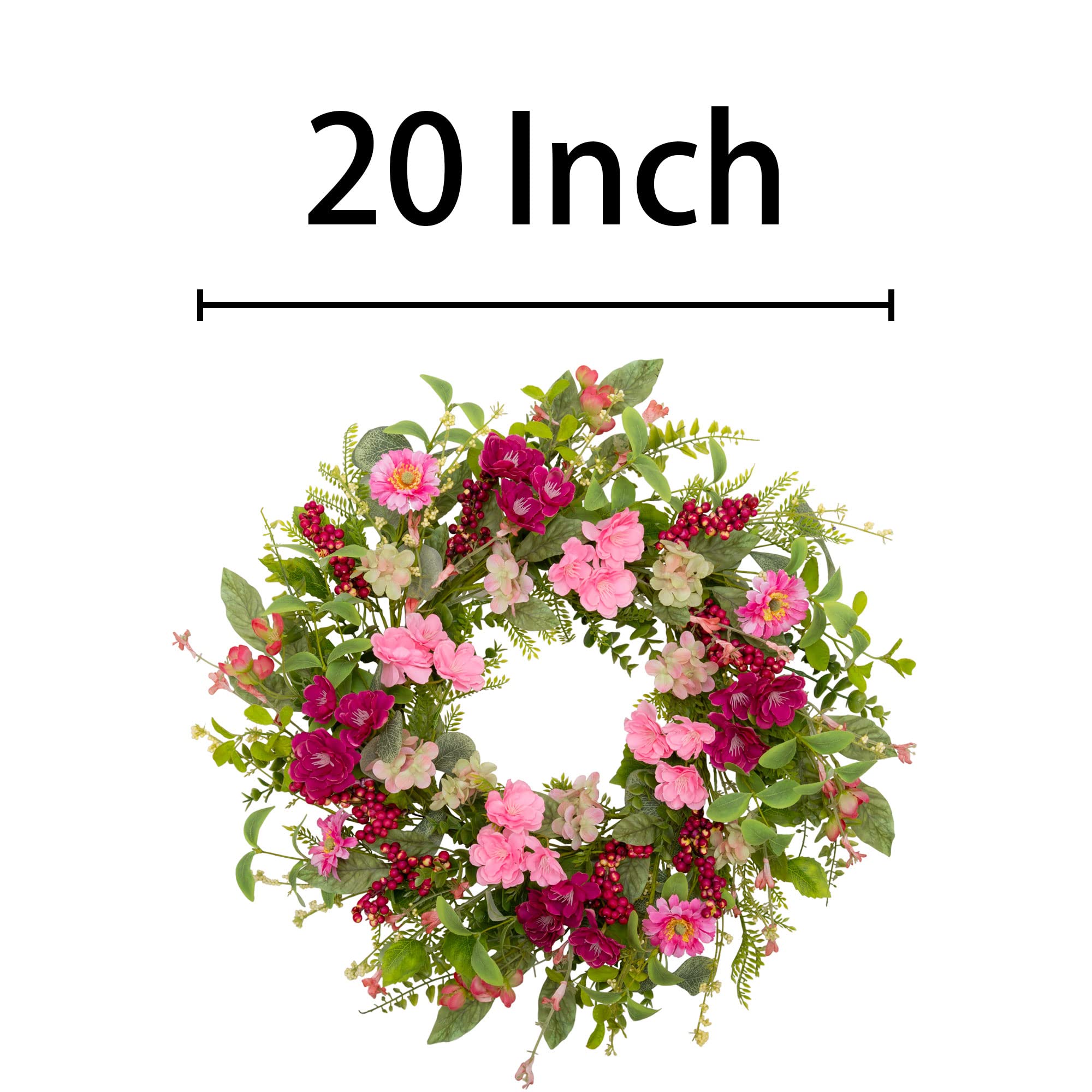 20 Inch Artificial Spring Summer Wreath with Pink Flowers & Green Foliage - Farmhouse Door Decor for Home, Wedding, Party | Indoor/Outdoor Seasonal Decoration