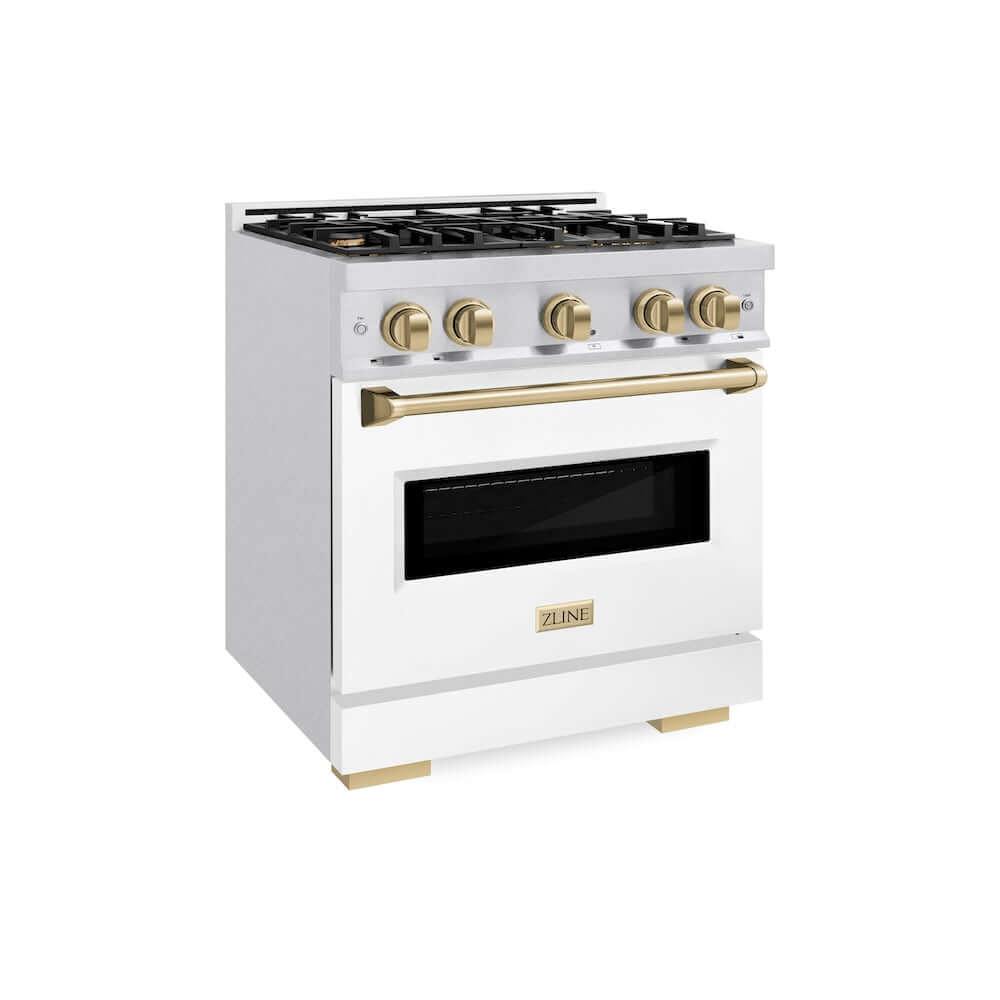ZLINE Autograph Edition 30 Inch 4.2 cu ft Gas Range - 4 Burner Cooktop with Convection Oven - Satin Stainless Steel with White Matte Door & Champagne Bronze Accents (CGRSZ WM 30 CB) - Perfect for Modern Kitchens & Gourmet Cooking