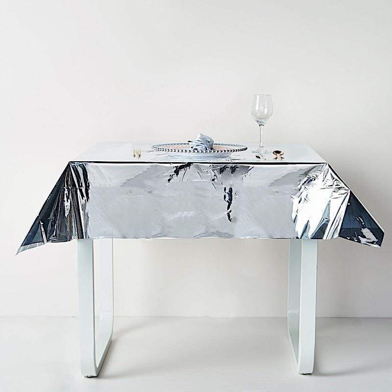 50 x 50 Inch Silver Metallic Disposable Plastic Tablecloths - Perfect for Parties, Weddings, and Events - Waterproof & Wrinkle-Free