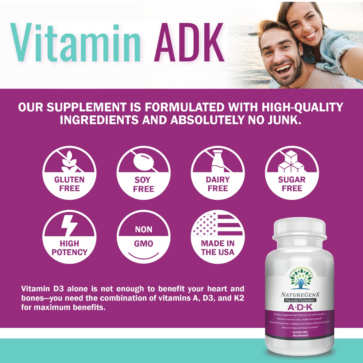 Premium ADK Vitamin Supplement for Bone Health - High Potency Vitamins A, D3 & K2 Complex | Gluten-Free, Non-GMO | 60 Capsules (2 Pack) | Supports Strong Bones, Joints & Immune System | Ideal for Adults, Seniors & Active Lifestyles