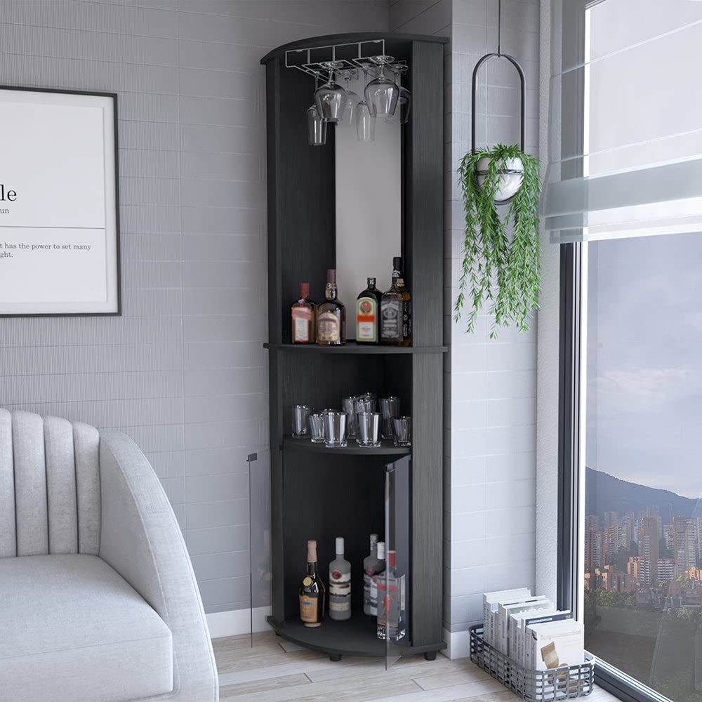 Bar Cabinet Corner Rialto - Modern Black Liquor Storage for Living Room, Dining Room & Home Bar | Space-Saving Corner Design for Wine & Glass Display
