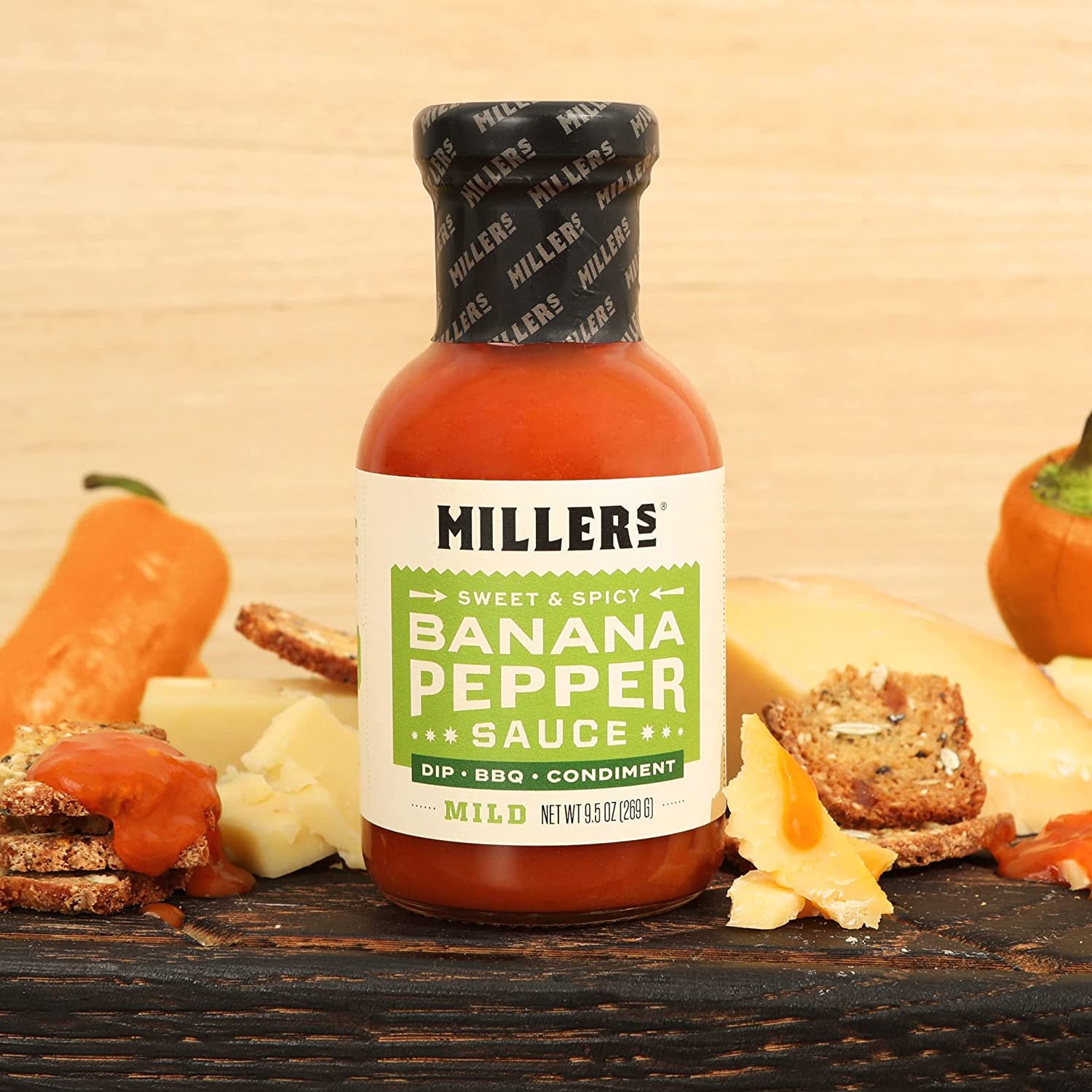 Miller's Mild Hot Banana Pepper Sauce - Sweet & Spicy Low Sodium Condiment (9.5 oz) - Perfect for Chicken Wings, Burgers, Sandwiches & Pizza Topping