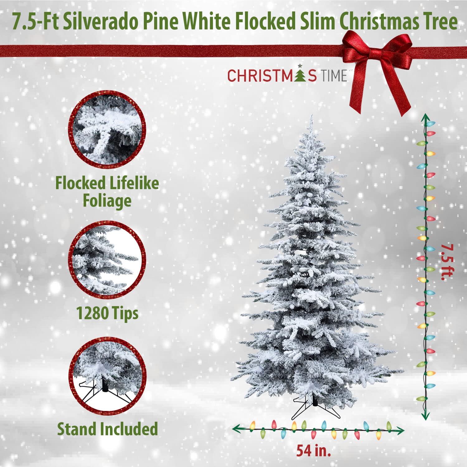 7.5-Ft Silverado Pine White Flocked Slim Christmas Tree with Metal Stand - No Lights - Perfect for Living Room, Office, and Holiday Decorations