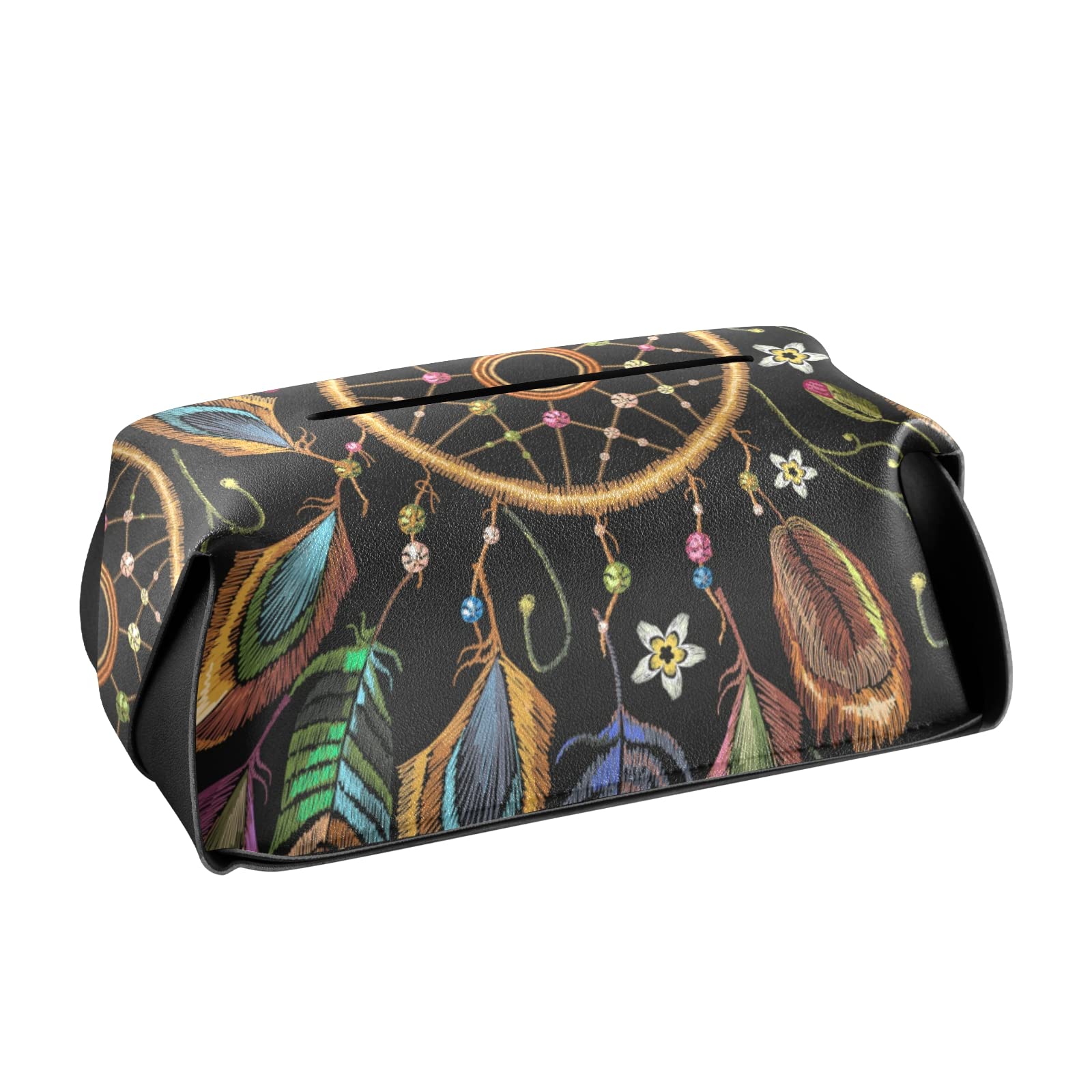 Handmade Native American Indian Dream Catcher Embroidery Tissue Box Cover - Leather Square Design with Feathers & Handle, 9.4x5.1x3.6 Inches - Perfect for Bathroom, Home Decor, Nightstand, Vanity, Office Desk & Car Organizer