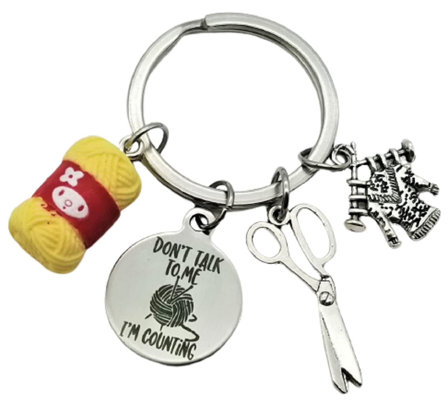 Kit's Kiss Knitting Keychain - Handmade Resin Charm Keyring for Crochet & Knitting Enthusiasts - Perfect Gift for Quilters, Crafters & Yarn Lovers (Silver, Yellow, Red, 1.2 inch Diameter) - Great for Scissors Accessories & DIY Projects
