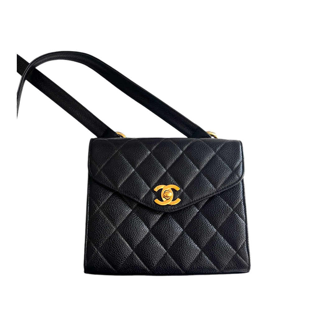 Vintage Chanel 24K Gold Black Caviar Mini Square Flap Crossbody Bag - Authentic Pre-Owned Luxury Handbag for Women, Perfect for Date Nights & Special Occasions