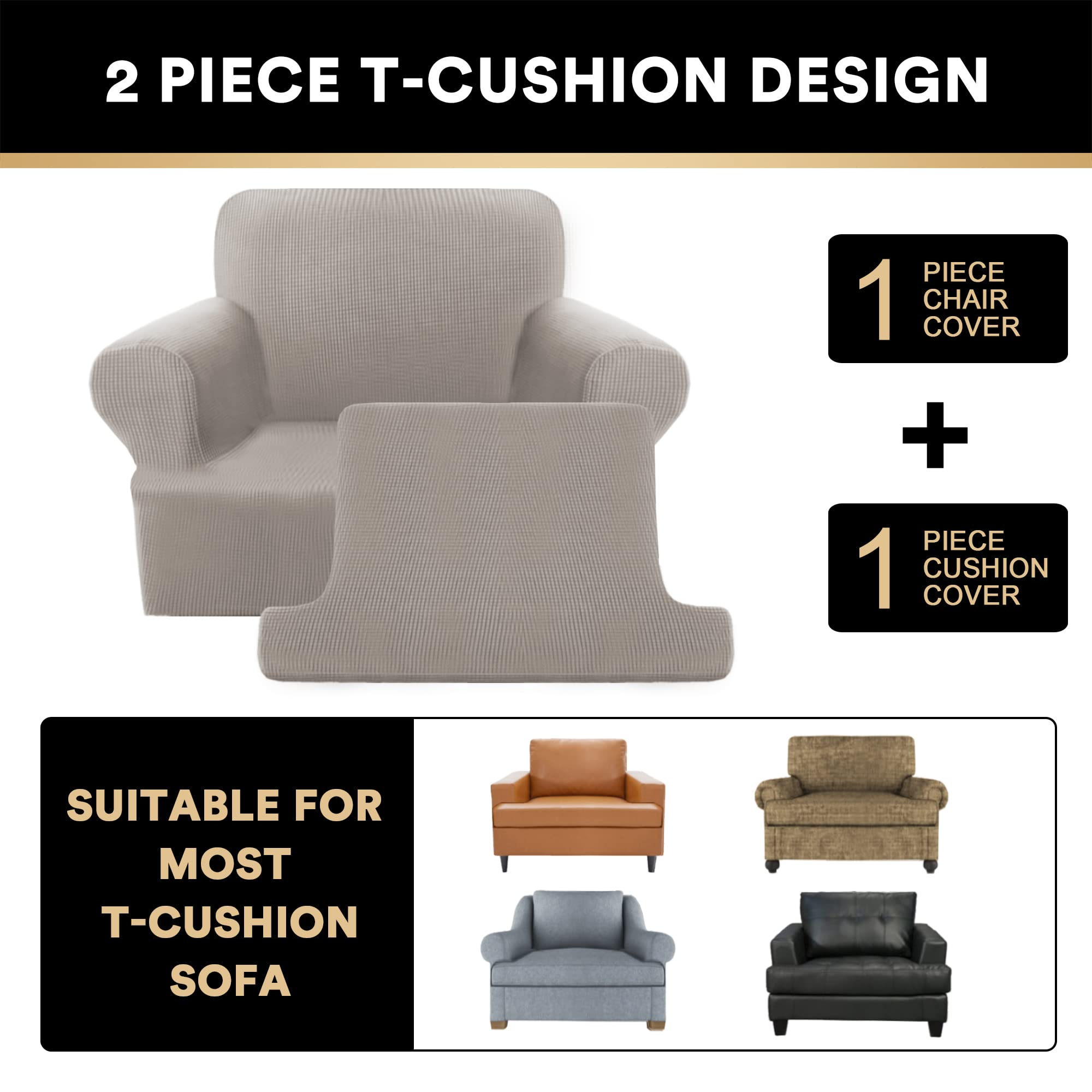PrinceDeco 2-Piece Stretch Armchair Slipcover Set with T-Cushion Cover - Soft Furniture Protector for Living Room, Machine Washable Taupe Fabric - Perfect for Sofas, Recliners & Accent Chairs