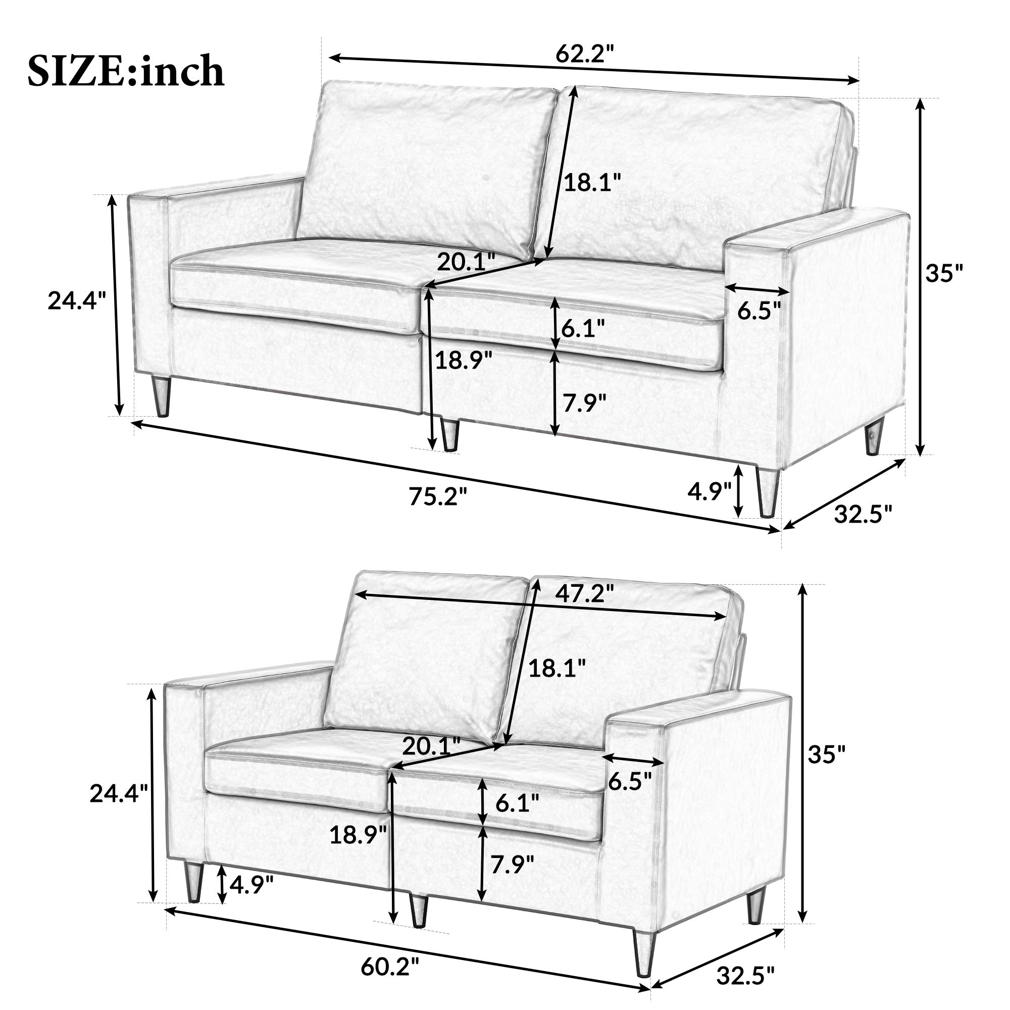 Modern PU Leather Sofa and Loveseat Set - 3-Seater Couch & 2-Seater Loveseat with Attached Cushions - Upholstered Stationary Furniture for Living Room, Office or Lounge (Black) - Perfect for Family Gatherings, Movie Nights & Home Decor