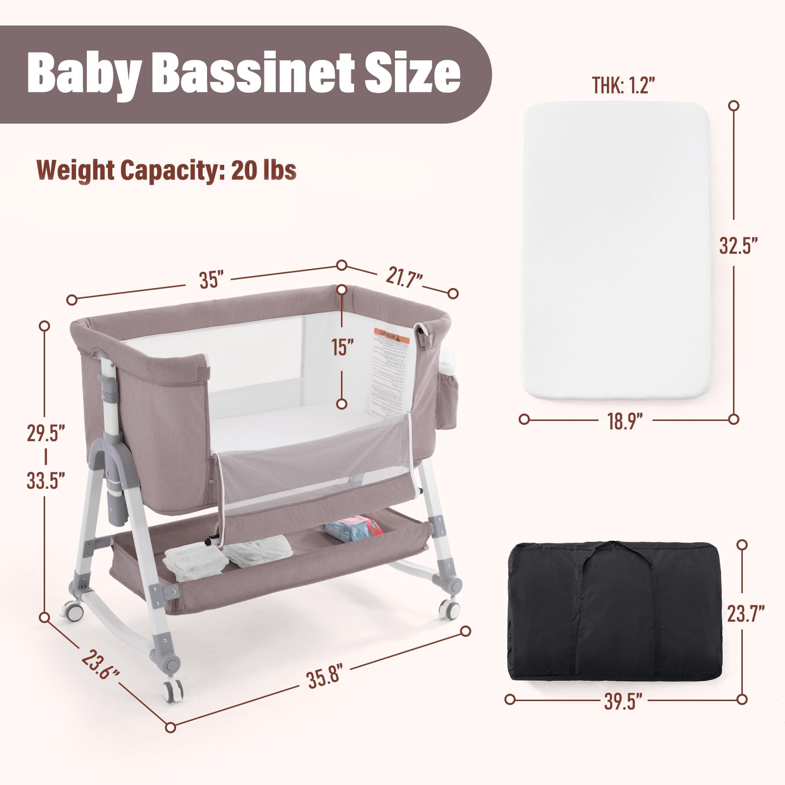 Jaoul 4-in-1 Adjustable Baby Bassinet Bedside Sleeper & Portable Crib with Comfortable Mattress, Mosquito Net & Storage - Ideal for Newborns & Infants - Perfect for Nursery, Bedroom & Travel (Khaki)