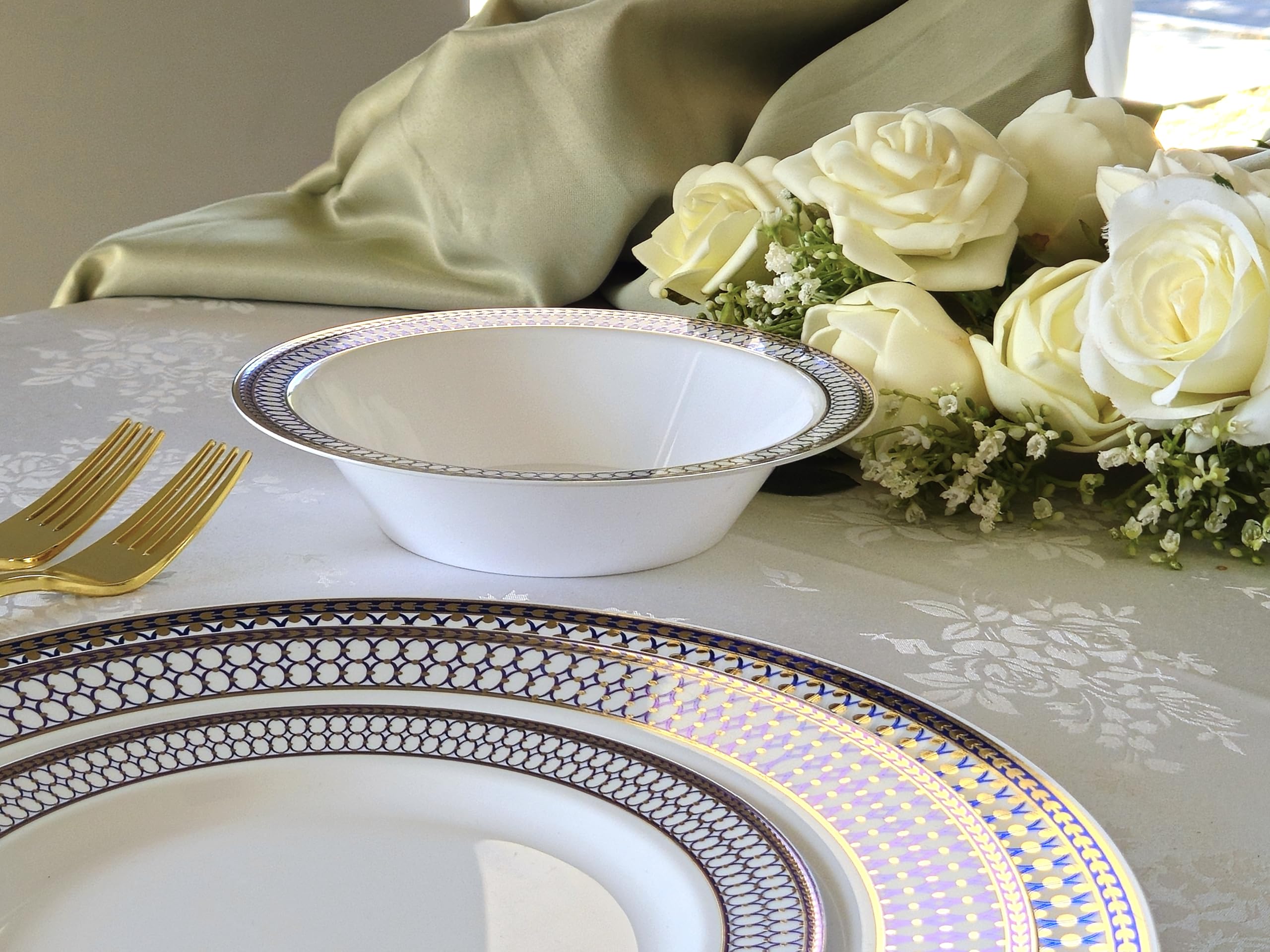 40-Piece Heavyweight Disposable Plastic Plates Set - 14oz Soup Bowls for Wedding, Party & Events (White/Blue/Gold) - Elegant Dinnerware for Catering, Picnics & Special Occasions