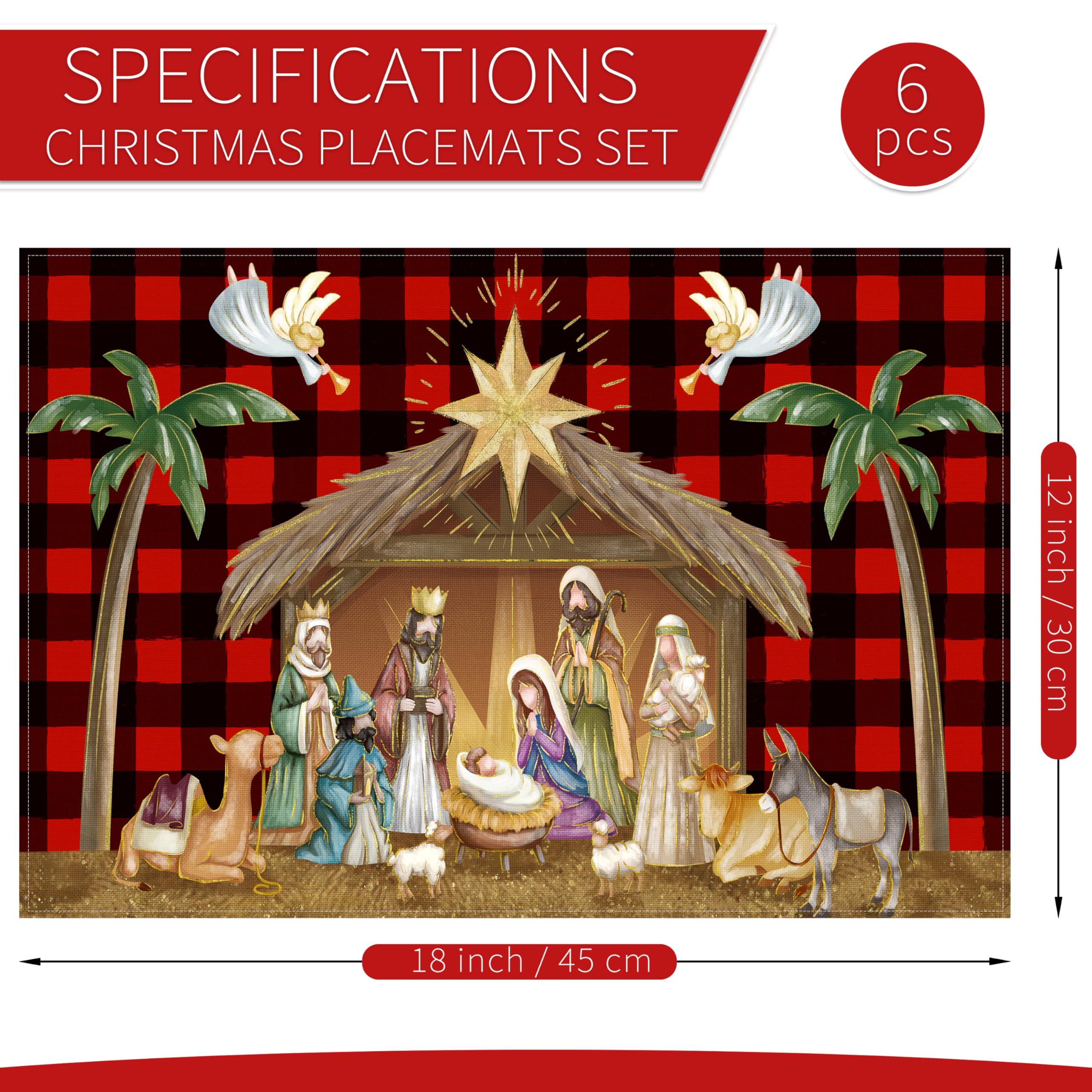 6-Pack Christmas Placemats Set - Nativity Scene Holiday Dining Table Mats, Washable Linen Xmas Decor (12x18 Inch) - Perfect for Christmas Dinner, Holiday Parties & Festive Home Decor