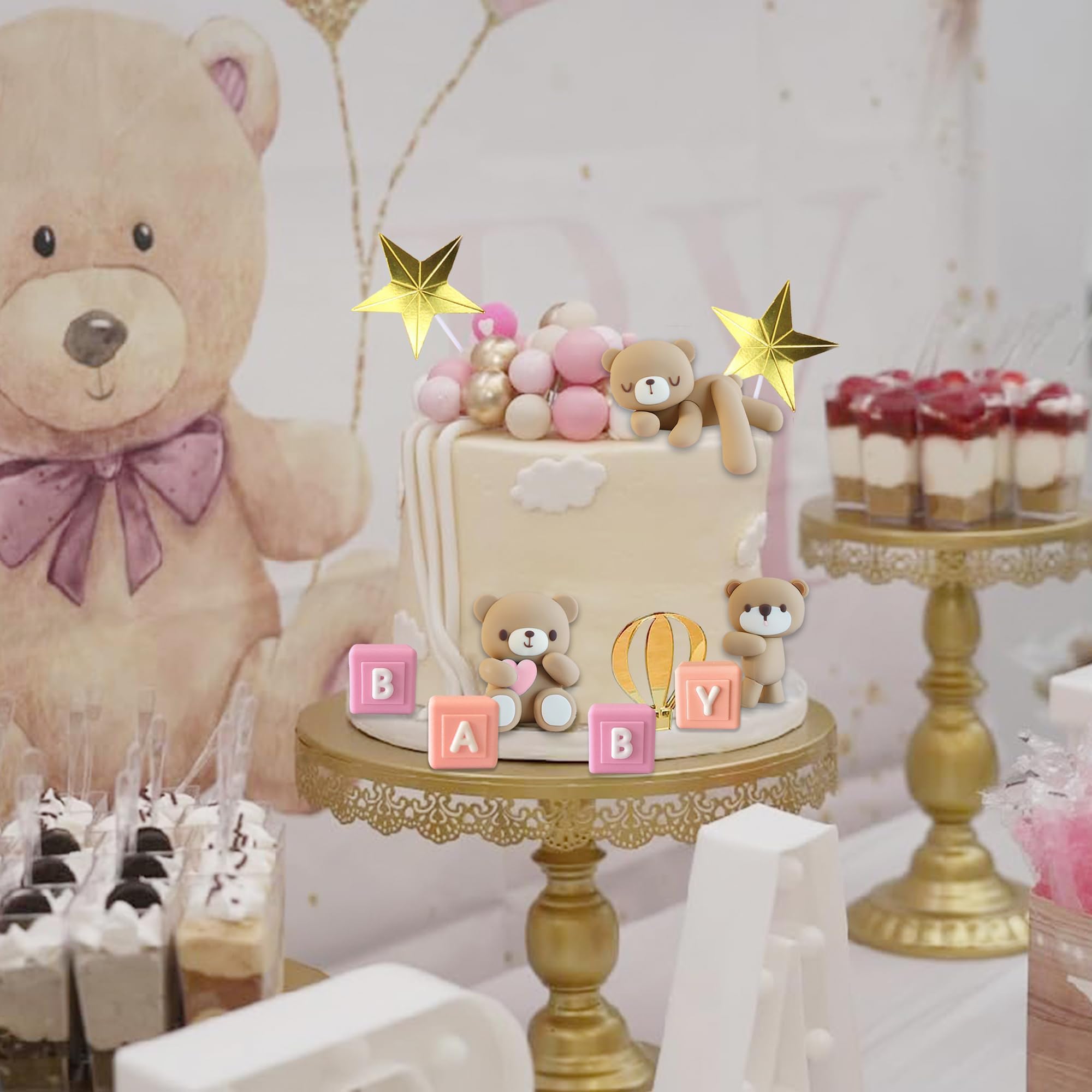 Bear Cake Toppers - Adorable Bear Ball Cake Decorations with BABY Letters for Baby Shower, Birthday Party, Gender Reveal (Pink) - Perfect for Baby Boy/Girl Celebrations, Cupcake Toppers, and Nursery Theme Parties