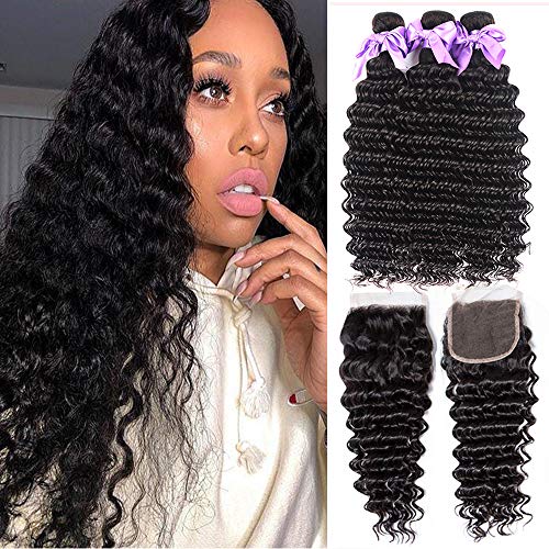 Brazilian Virgin Human Hair Bundles with Closure - Deep Wave Wet & Wavy Weave (10, 12, 14+10 Inches) | Natural Free Part | Perfect for Protective Styles, Wig Making & Everyday Glam