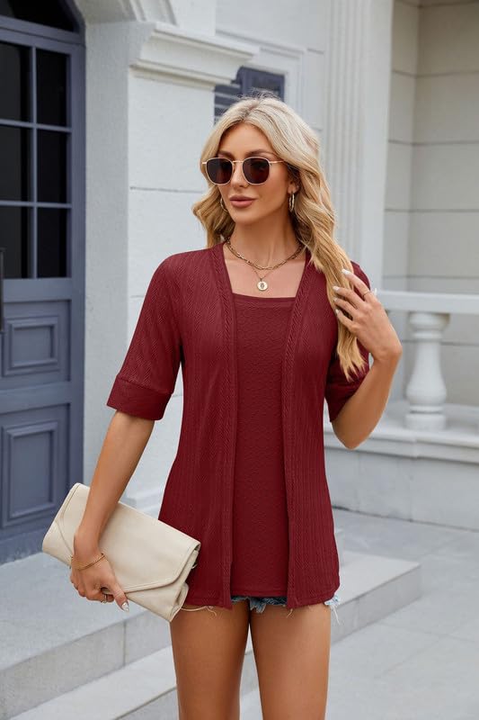 Women's Casual Short Sleeve Tunic Top - Square Neck Pullover Blouse with Layered Two-Piece Look, Elegant Cardigan Style for Office Wear & Summer Outfits | Perfect for Work, Date Nights and Weekend Brunch
