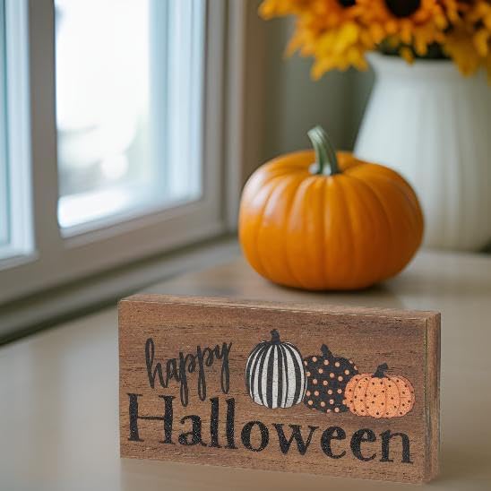 Collins Painting 'Happy Halloween' Pumpkin Wood Block Sign - Handmade Fall Decor for Home, Porch & Party - Spooky Holiday Wall Art for Halloween Celebrations