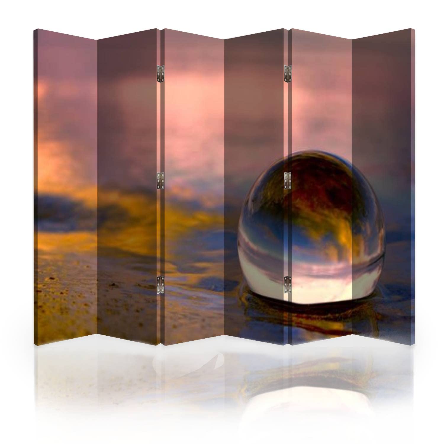 6-Panel Canvas Room Divider Screen with Sunset Beach Glass Ball Design - Folding Privacy Partition Wall for Bedroom, Office & Living Room | Home Decor & Space Separator