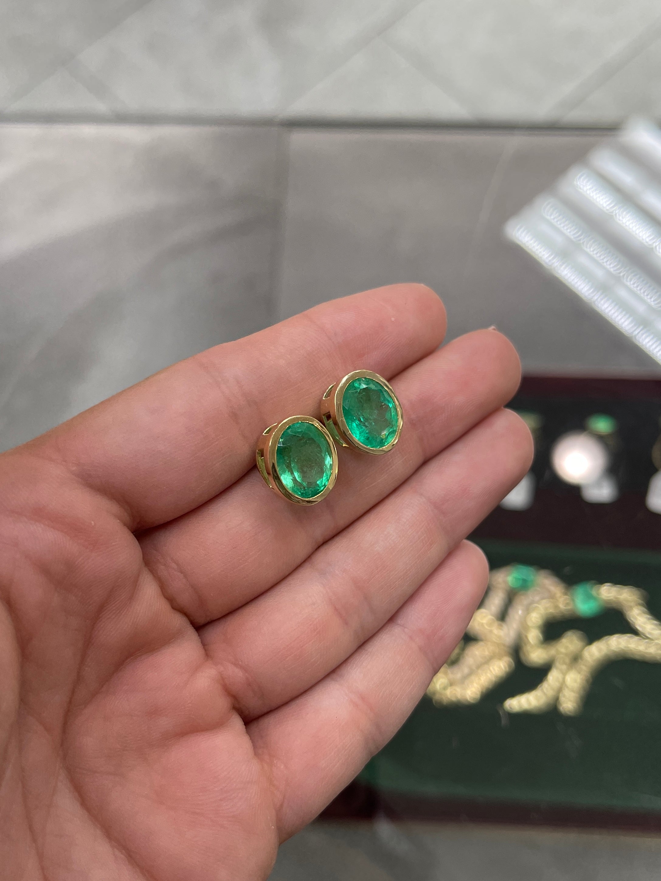 10.45tcw Colombian Emerald Oval Cut Bezel Set Earrings in 14K Gold - Vintage Heirloom Jewelry for Weddings & Special Occasions