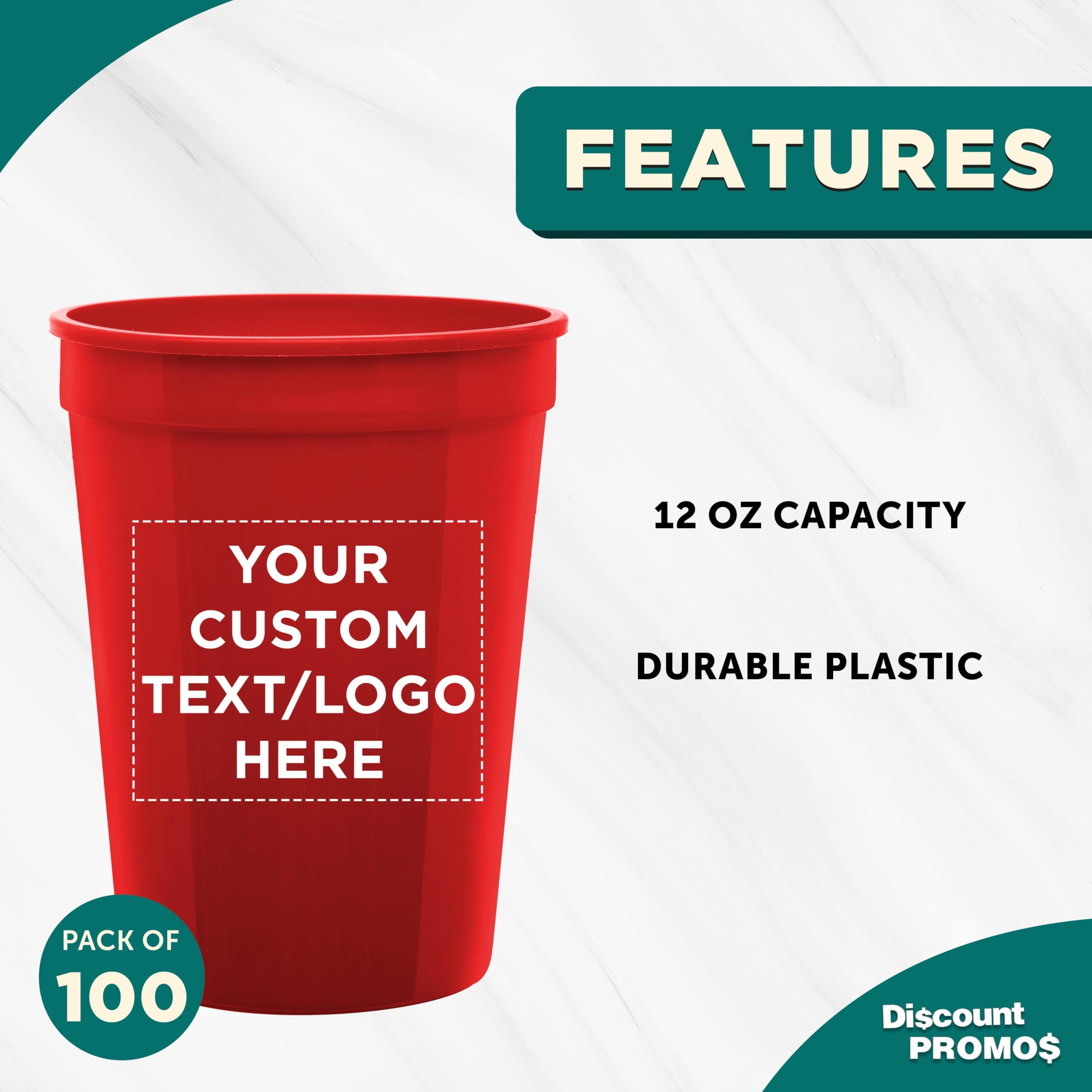 Custom Printed 12 oz Disposable Plastic Cups - Bulk Pack of 100 Personalized Party Cups for Summer, Sports Events, Birthdays, Weddings & Picnics - Durable Red Plastic Drinkware for Beach Parties, BBQs and Outdoor Gatherings