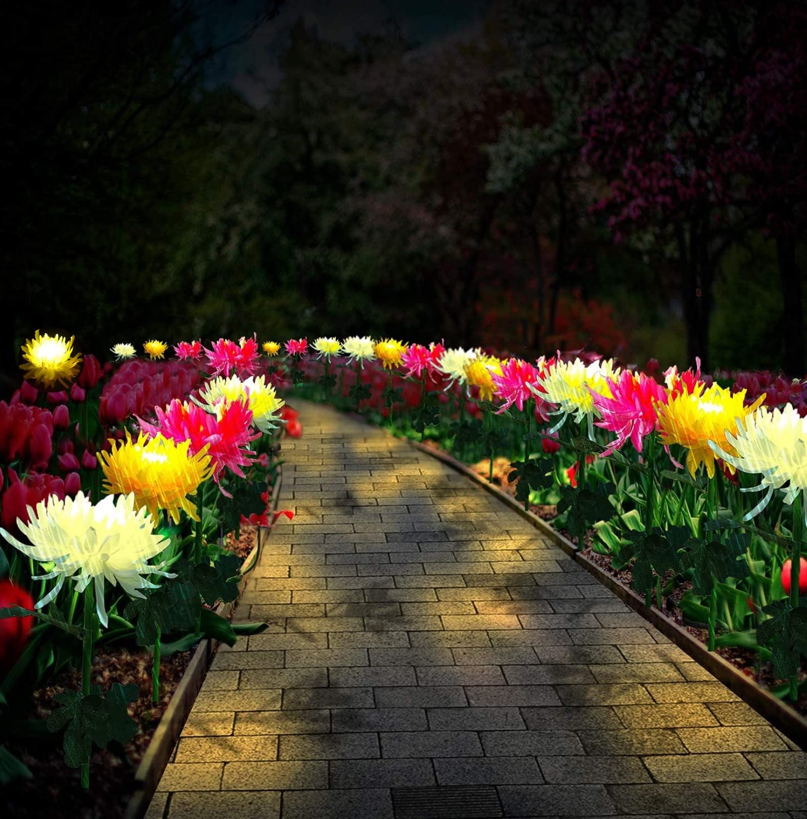 Solar Powered Artificial Chrysanthemum Garden Lights - 3 Pack Waterproof LED Flower Stake Lights for Outdoor Decoration - Perfect for Garden, Pathway, Patio, Lawn, Yard and Cemetery Decor (White)