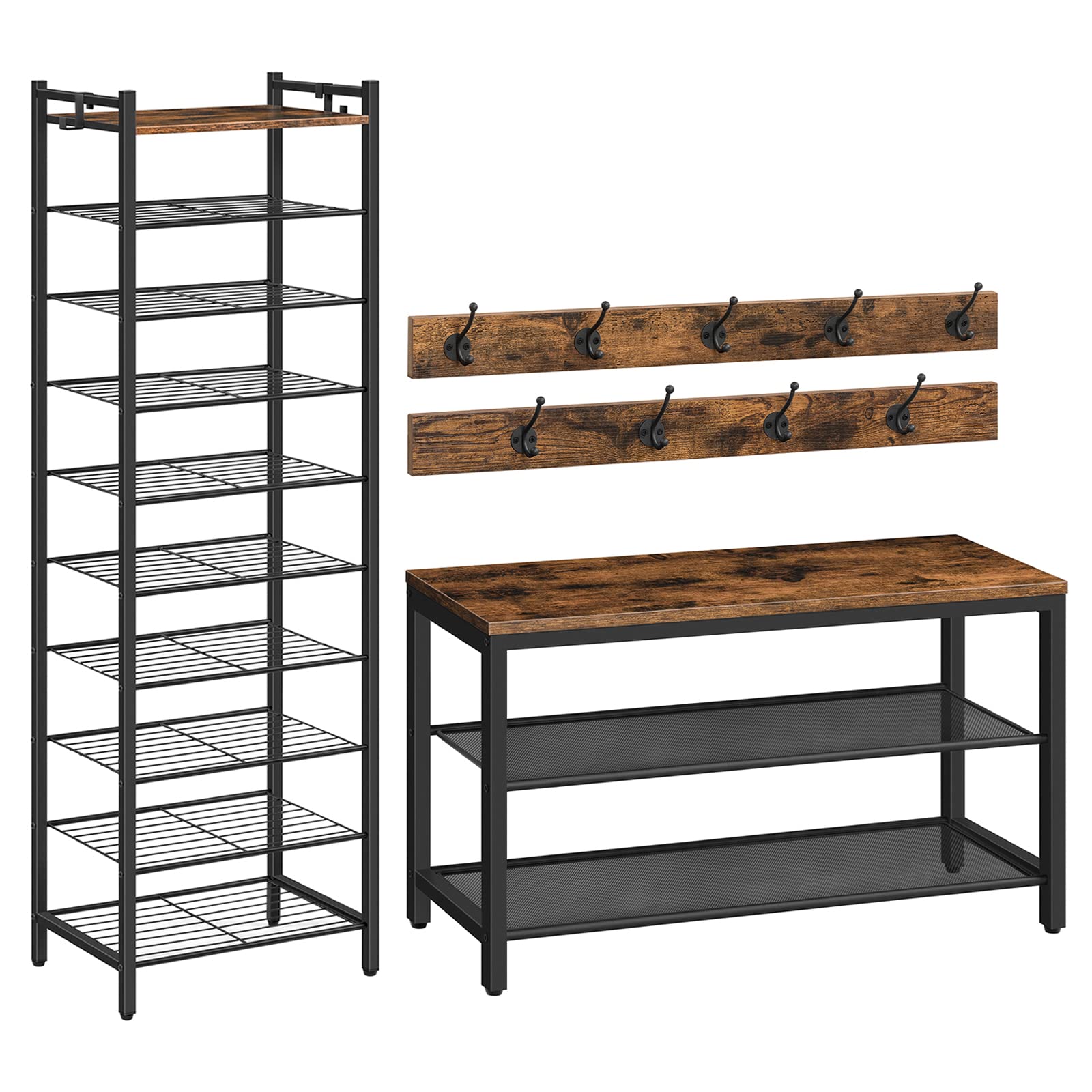 ALLOSWELL 10-Tier Metal Shoe Rack & 3-Tier Entryway Shoe Bench with 9 Coat Hooks - Industrial Style Shoe Storage Organizer for Hallway, Living Room, Bedroom - Space Saving Entryway Furniture for Small Apartments & Home Organization (SRHR1001-BSHR7501)