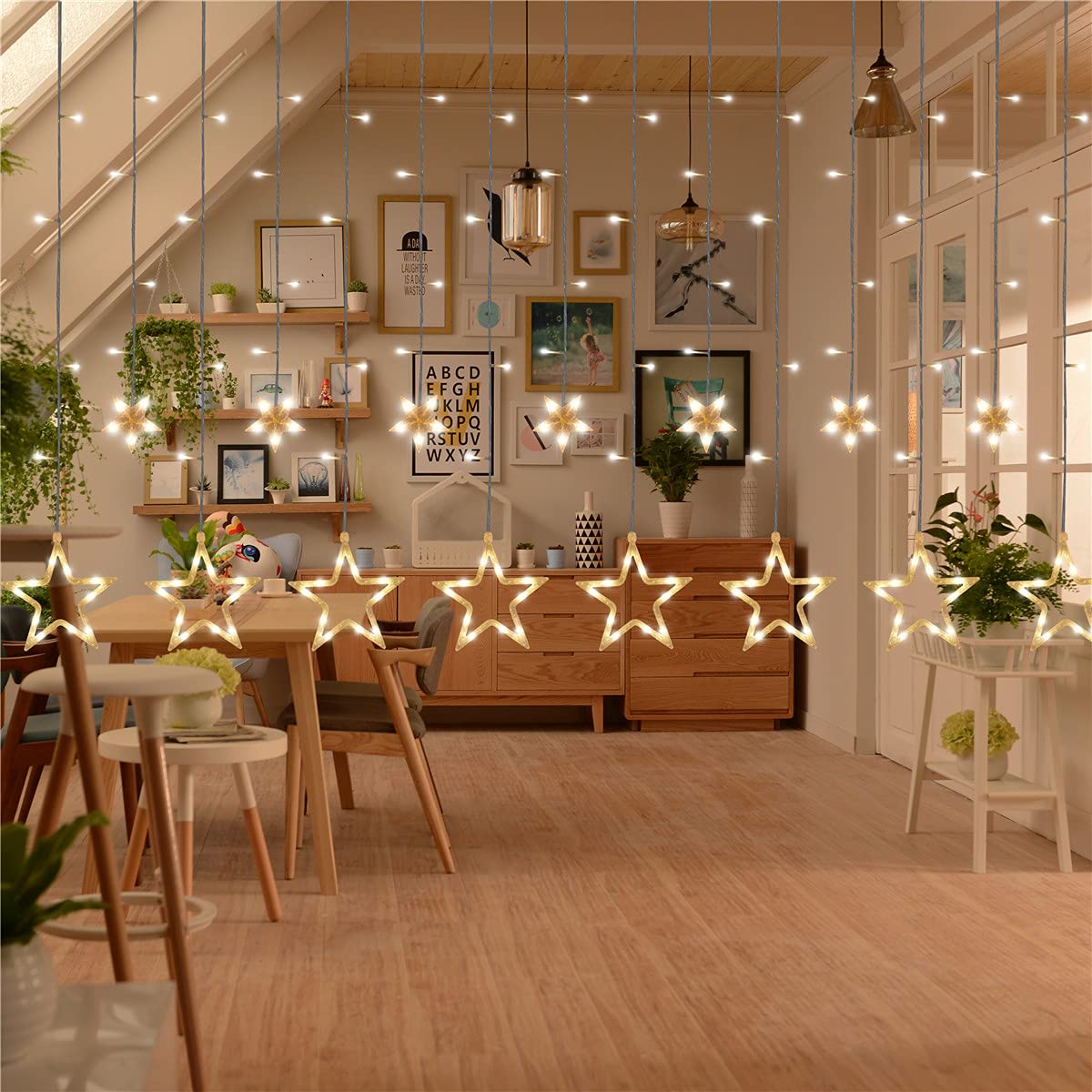 WISHWILL 12-Star 138 LED Twinkle Curtain Lights with 8 Lighting Modes - Waterproof UL Certified Fairy String Lights for Bedroom, Party & Christmas Decor (Warm White) | Perfect for Indoor/Outdoor Weddings, Holidays and Cozy Home Ambiance