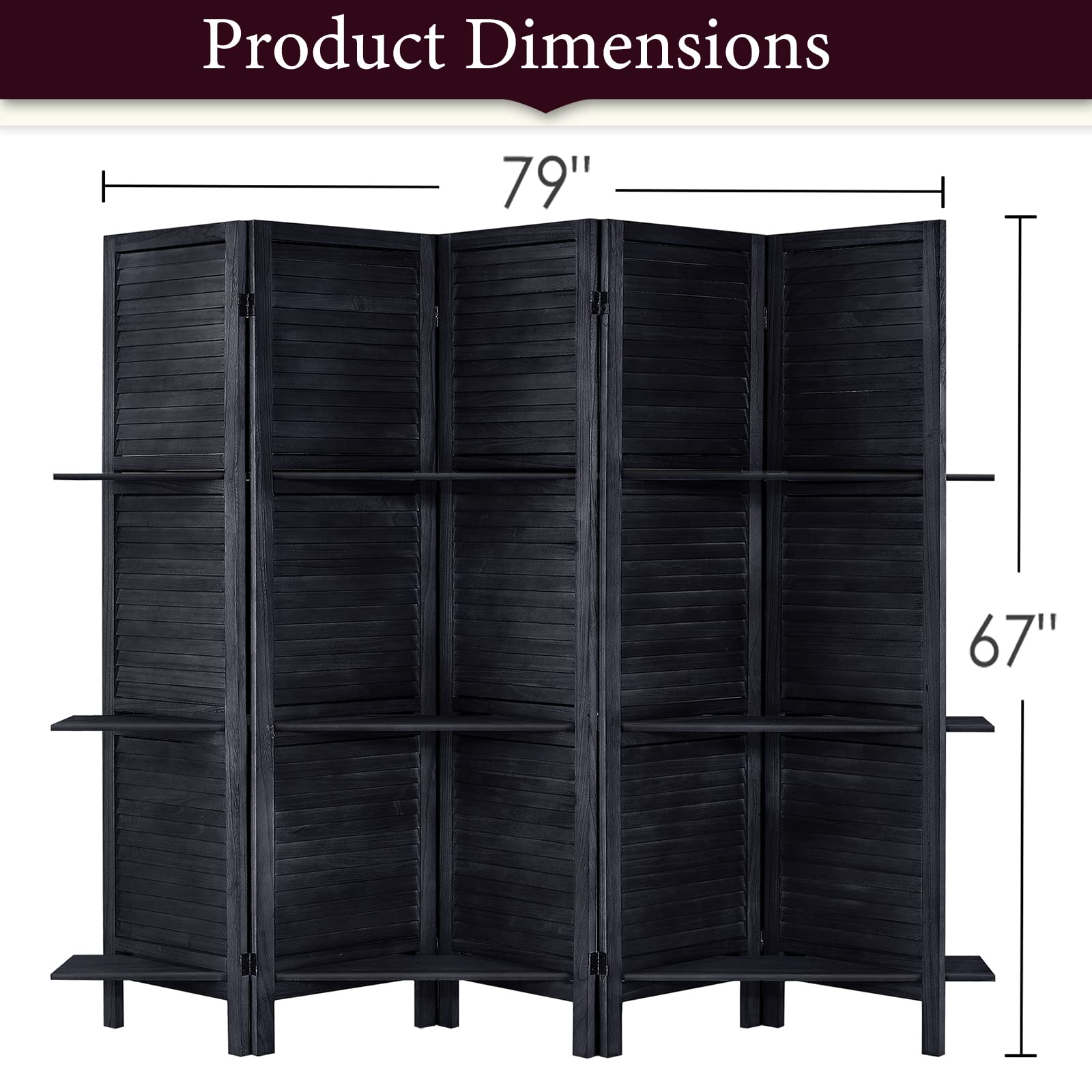 5.6 Ft Tall Wood Room Divider with Shelves - 5 Panel Folding Privacy Screen & Wall Partition for Home, Office, or Studio (Black) | Space Separator for Living Room, Bedroom, and Workspace