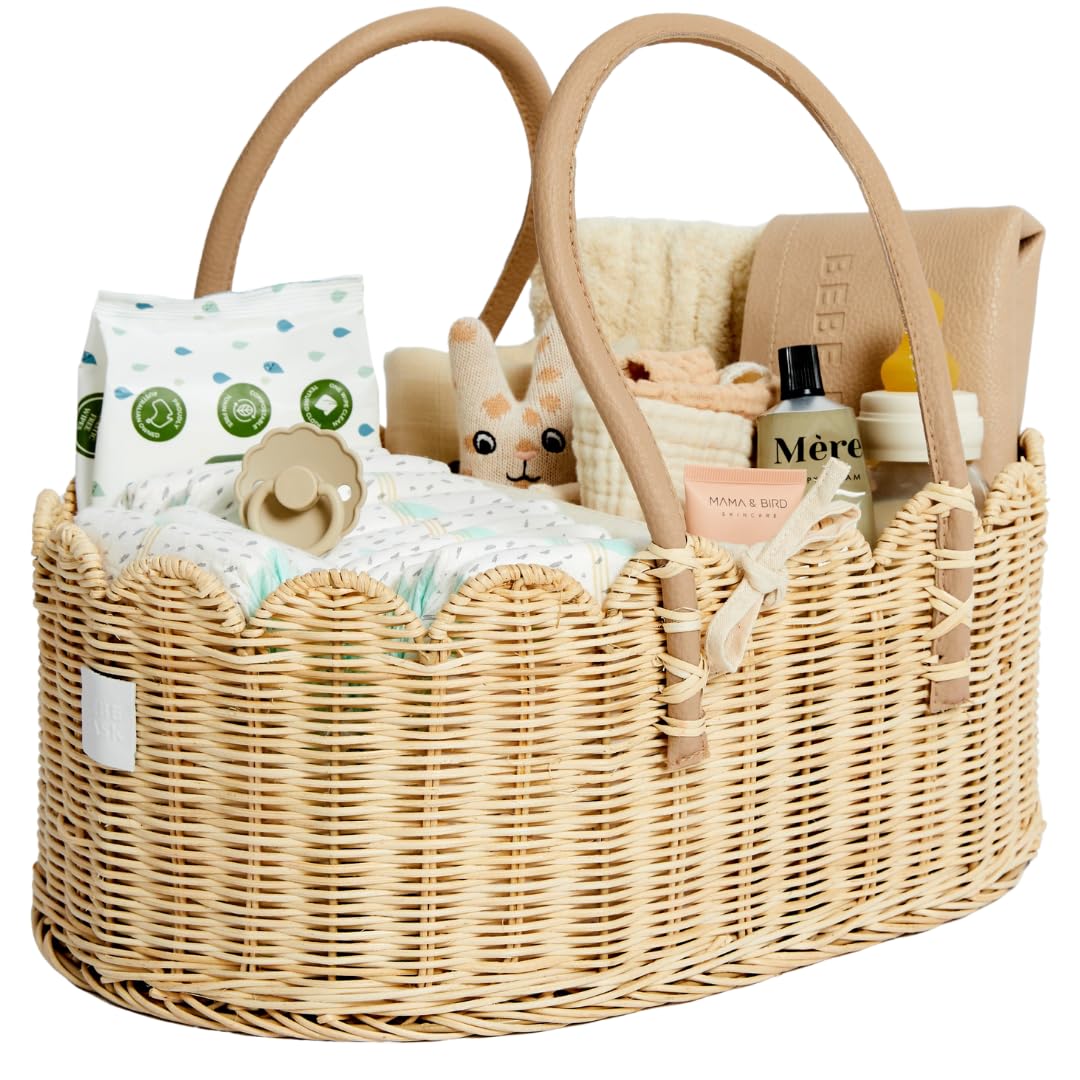 Premium Baby Diaper Caddy Organizer - Handmade Rattan Storage Basket with Scalloped Edge - Award-Winning Nursery Organizer for Diapers, Wipes & Baby Essentials - Perfect for Baby Showers, Nursery Decor & Gift Giving (Natural)