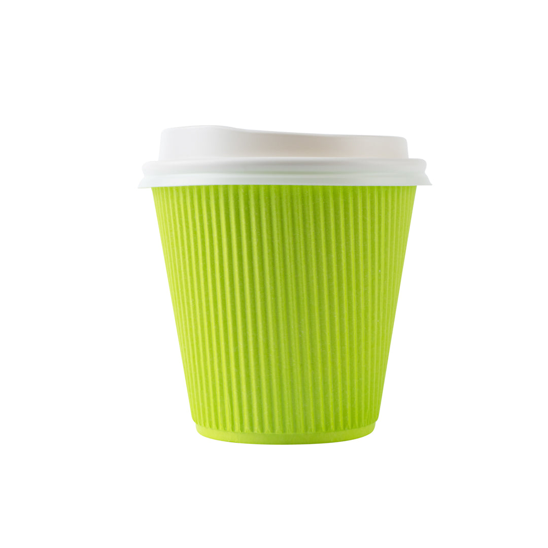 Eco-Friendly 8 oz Ripple Wall Paper Coffee Cups with White Lids - 3.5