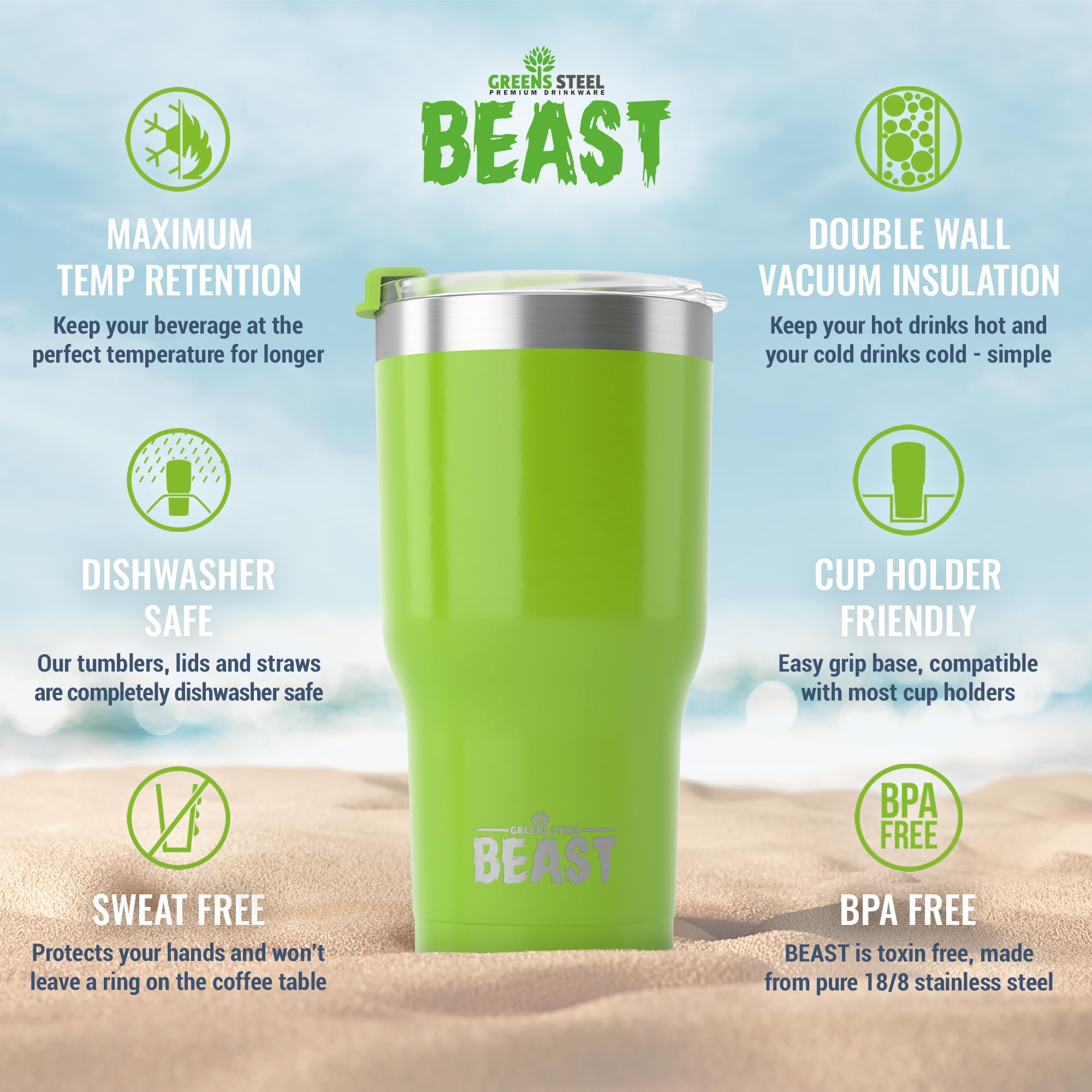 Beast 30 oz Stainless Steel Vacuum Insulated Tumbler - Double Wall Travel Mug for Coffee & Iced Drinks - Lemongrass Green - Perfect for Camping, Office & Gym Use