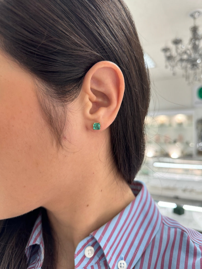 2.45tcw 14K Gold Natural Deep Ocean Green Asscher Cut Emerald Stud Earrings with Double Claw Prong Setting - Perfect for Weddings, Parties & Special Occasions