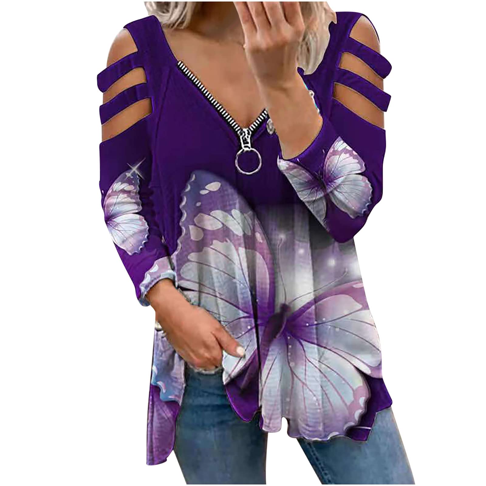 Women's Long Sleeve Printed Hoodie Shirt - Trendy Loose Fit Cold Shoulder Blouse for Fall | Comfy Casual Wear, Street Style, Layering Outfits