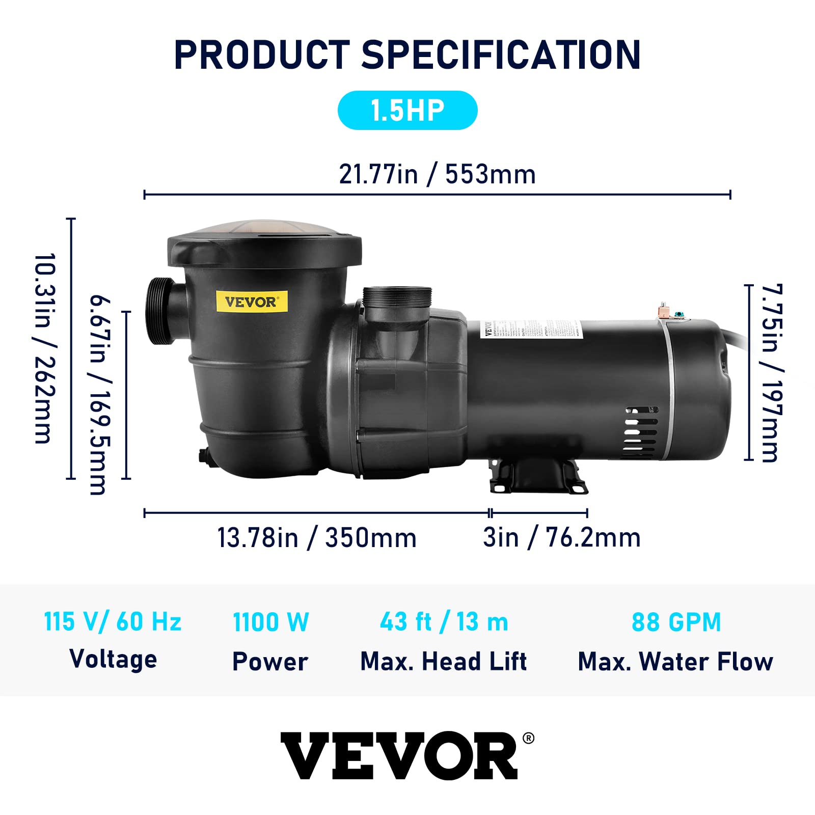 VEVOR 1.5HP 115V 1100W Above Ground Swimming Pool Pump - Single Speed, Powerful 5280 GPH Max Flow with Strainer Filter Basket, ETL Certified - Perfect for Inground & Above Ground Pools, Backyard Water Features & Pool Maintenance