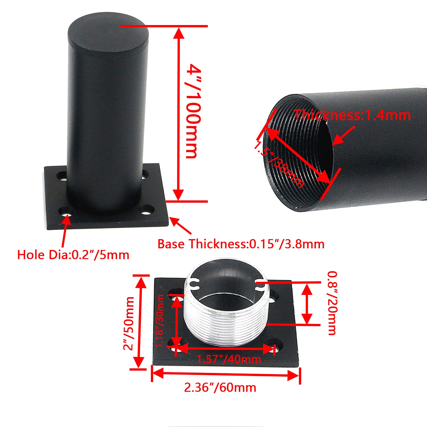 4 Inch Adjustable Furniture Legs - Set of 4 Black Table/Desk Feet for Home Office, Kitchen Cabinets & DIY Furniture Projects