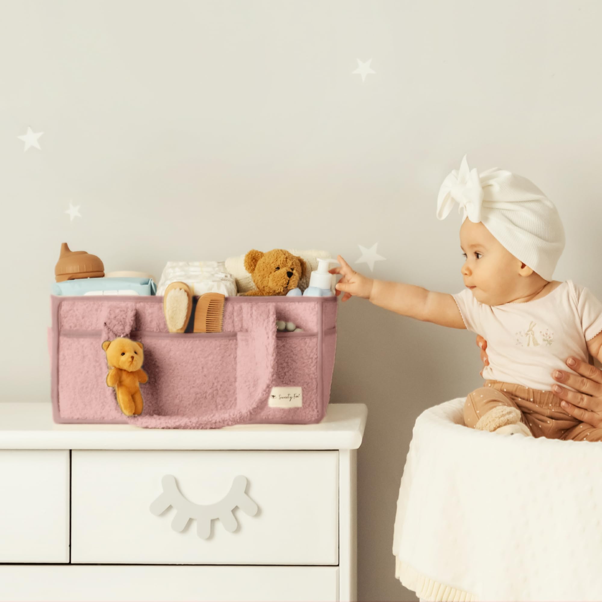 Sweety Fox Baby Diaper Caddy Organizer with Handle - Portable Sherpa Nursery Basket for Baby Essentials - Car Diaper Organizer & Cleaning Caddy - Perfect Baby Shower Gift (Pink) - Ideal for Nursery, Travel & On-the-Go Parents