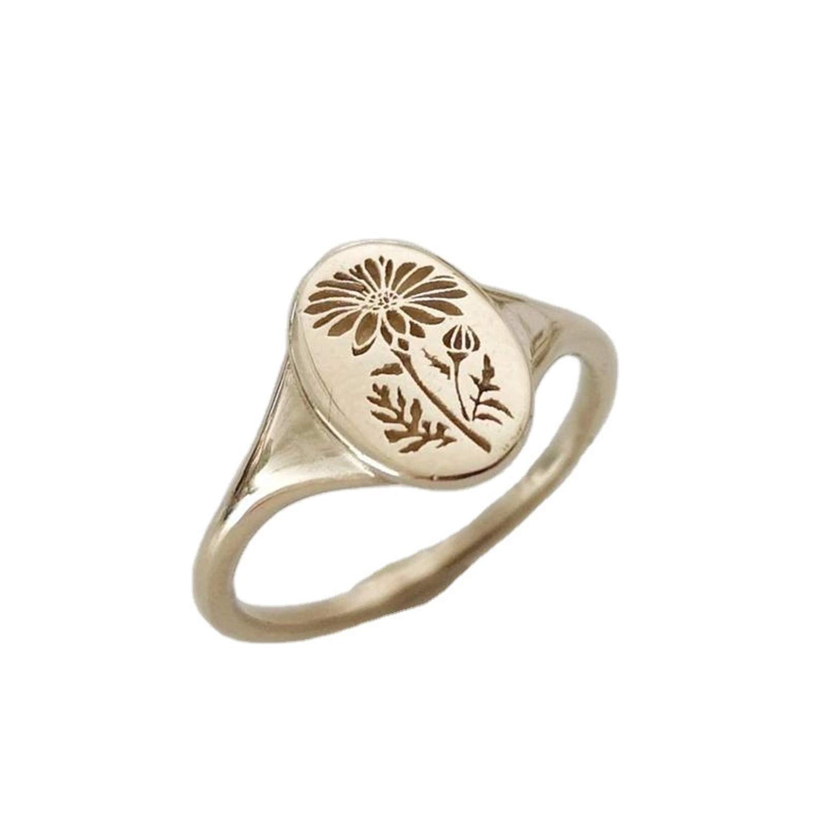 Handmade Flower Signet Ring for Women - Vintage Gold Alloy Statement Ring, Promise & Anniversary Gift for Her - Perfect for Weddings, Parties & Everyday Elegance (Gold, Size 8)