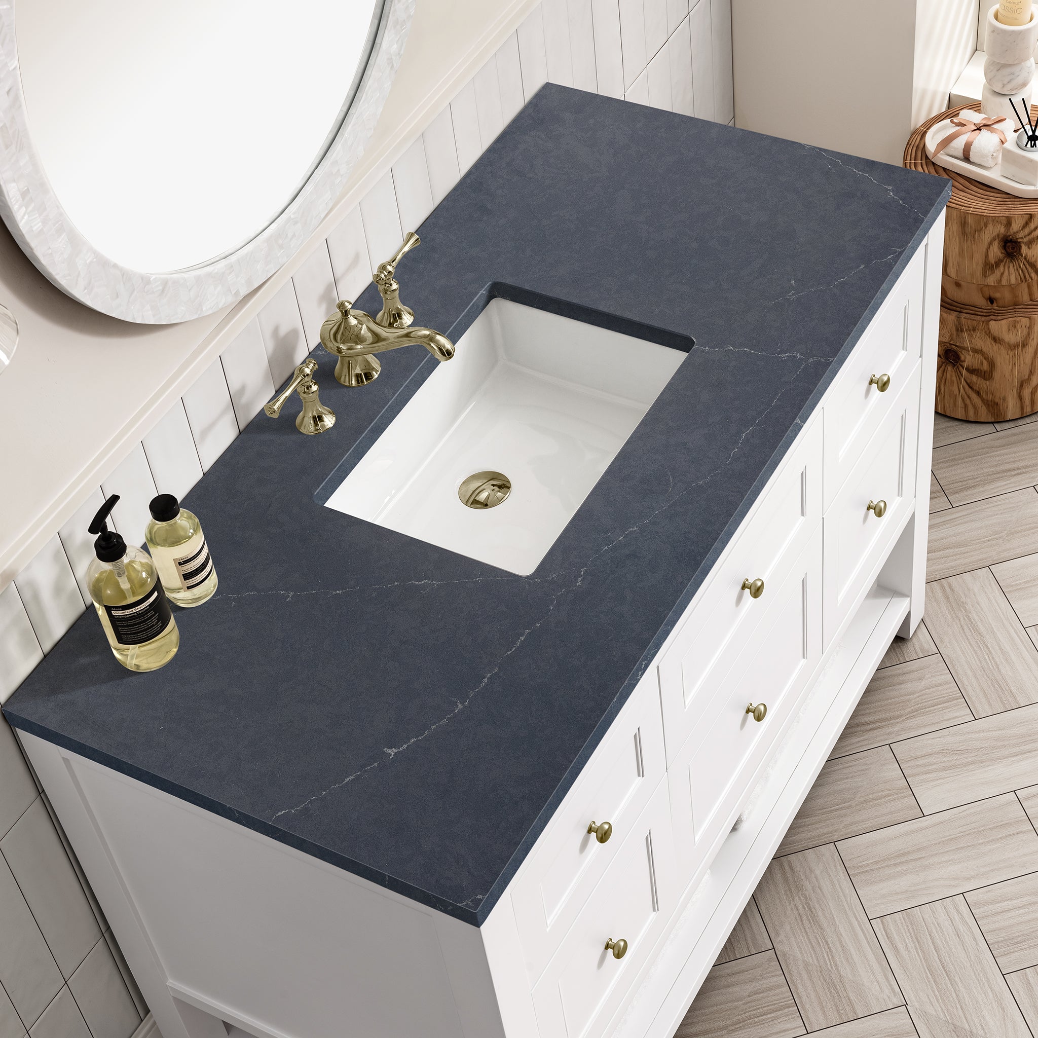 Breckenridge 48 Inch Single Bathroom Vanity with Bright White Finish and 3CM Charcoal Soapstone Top - Perfect for Modern Home Bathroom Renovation and Upgrade