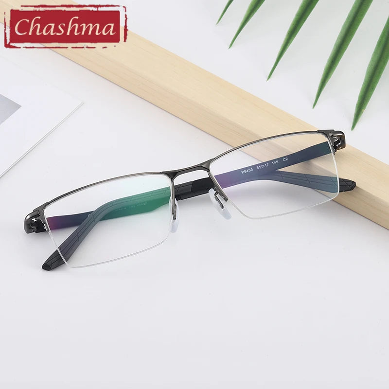 Men's Semi-Rimless Square Alloy Eyeglasses 49453 - Lightweight Metal Frame Glasses for Work, Reading & Fashion